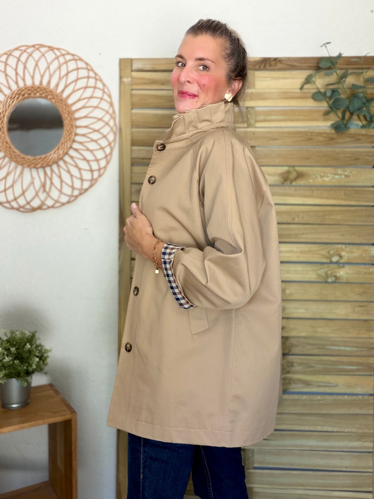 Veste Trench mi-long col victorien avec carreaux - ANDY Beige taupe