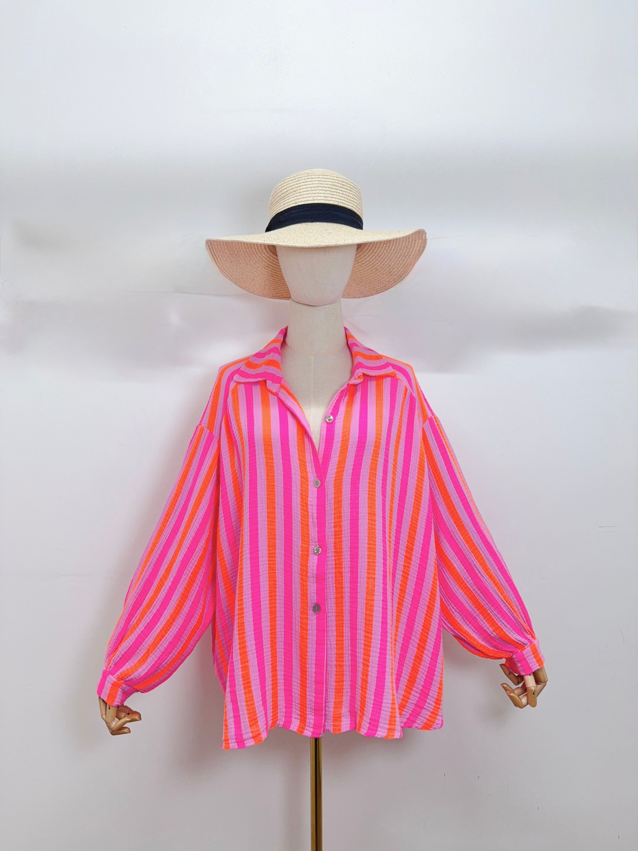 Chemise en gaze de coton rayée FÉLICIE Fluo Parme
