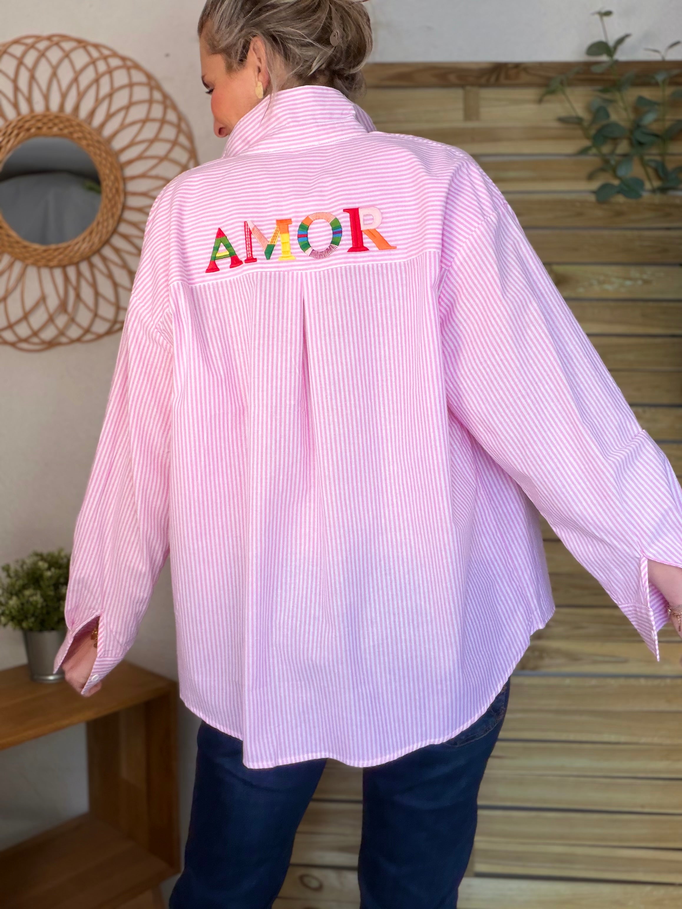 Chemise rayée brodée AMOR rose ❤️☀️ SHANIA