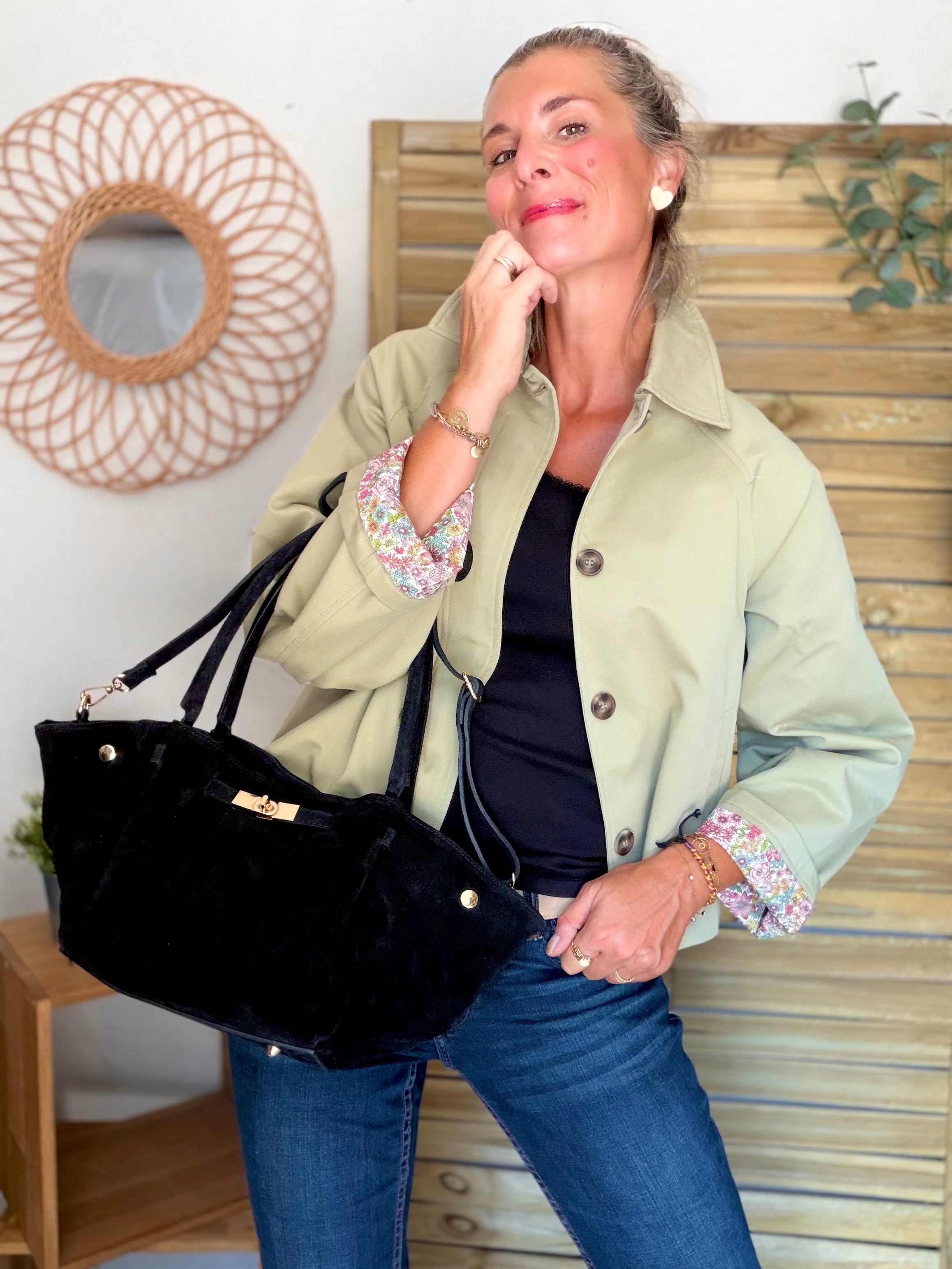 Sac cabas en cuir daim HANA - Noir