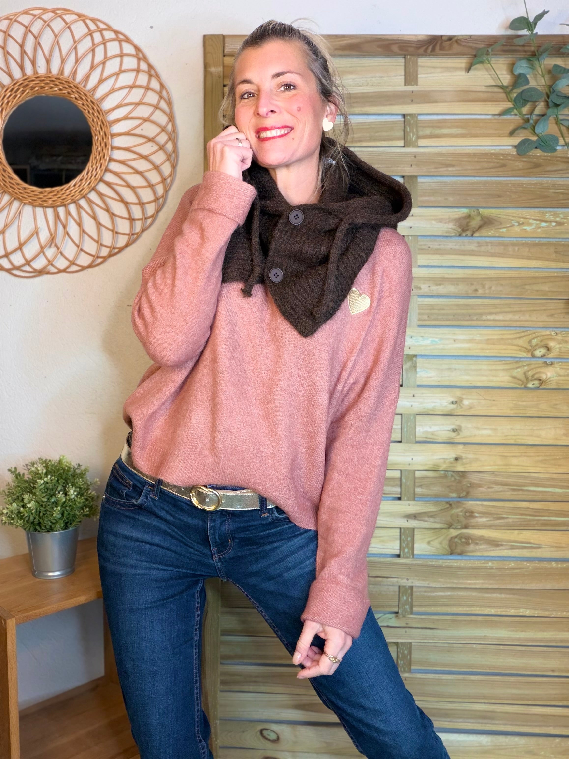 Pull léger en maille cœur doré brodé 💛 MELISSA - Vieux rose