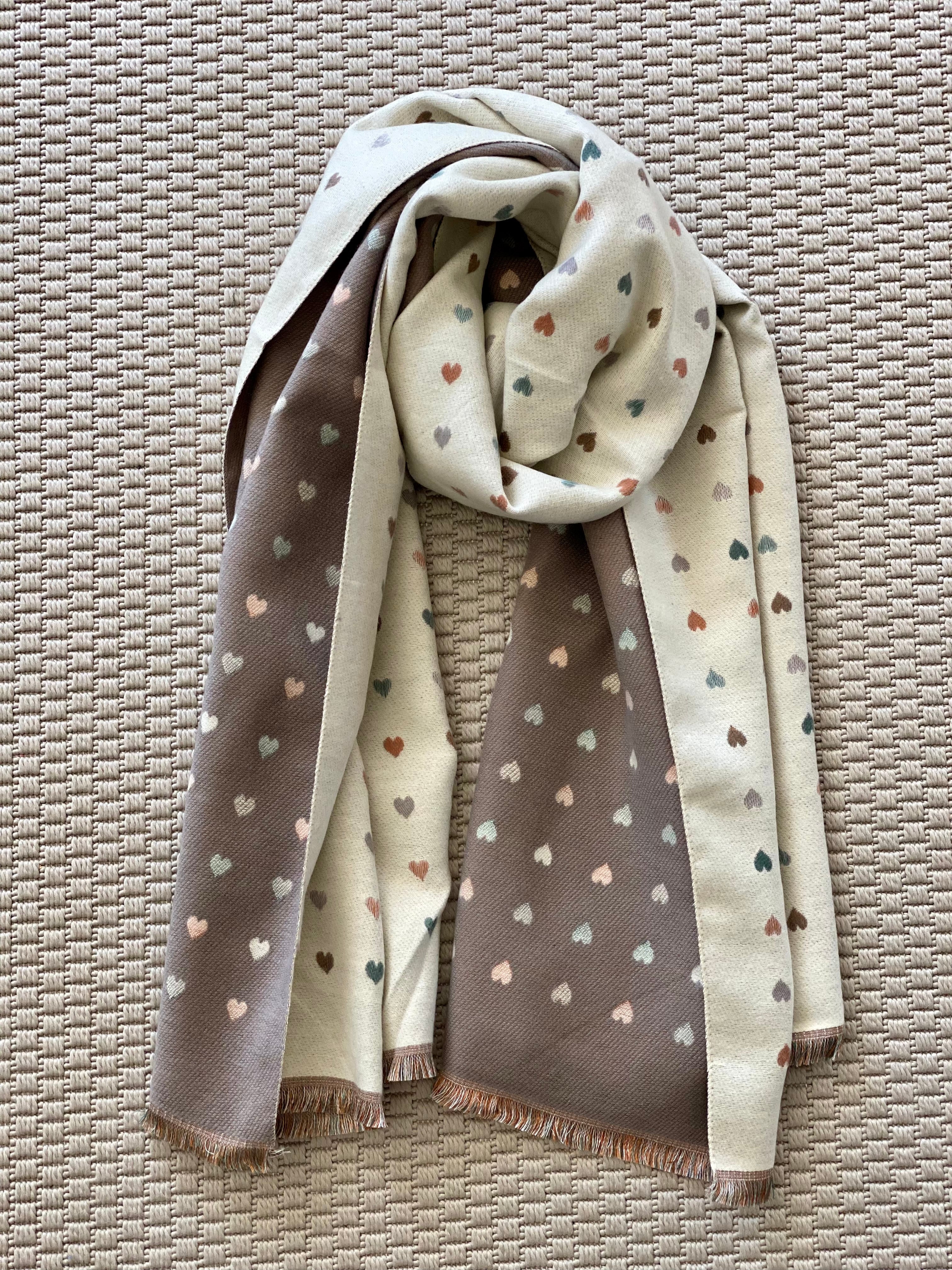Écharpe douce réversible Coeurs SIMONE - Beige / Taupe 💙🩷💛
