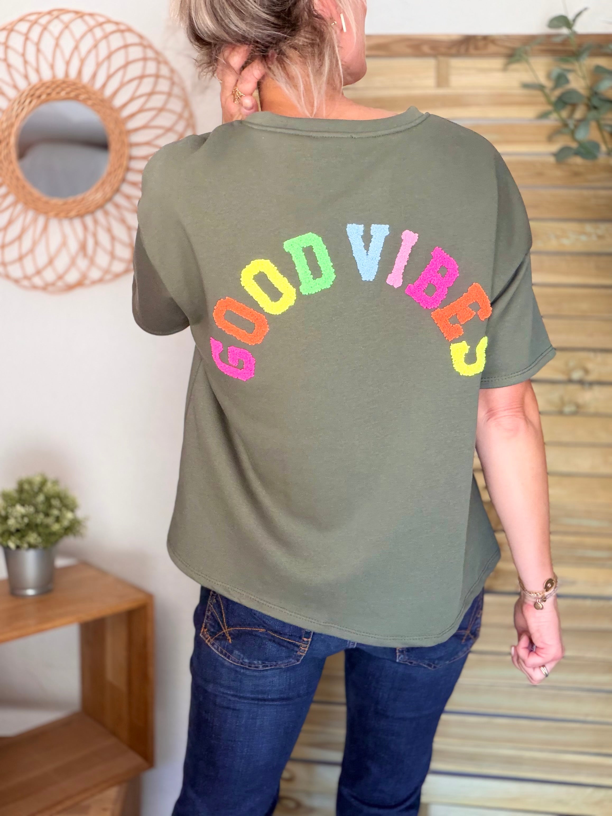 Tee shirt GOOD VIBES matière sweat - ALESSIA Kaki