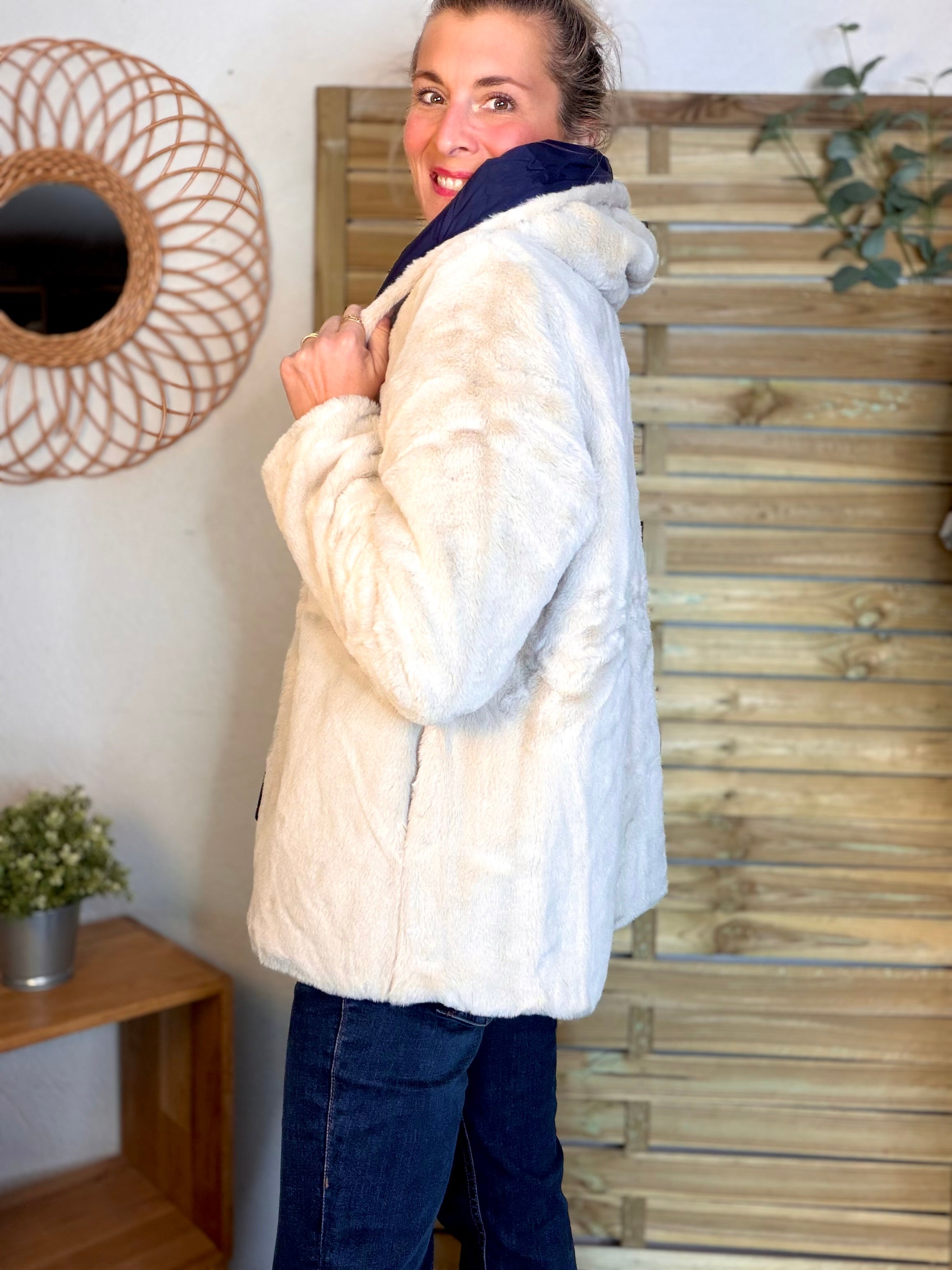 Parka Imperméable réversible fourrée Marine / Beige ALIX Court - LAURA JO
