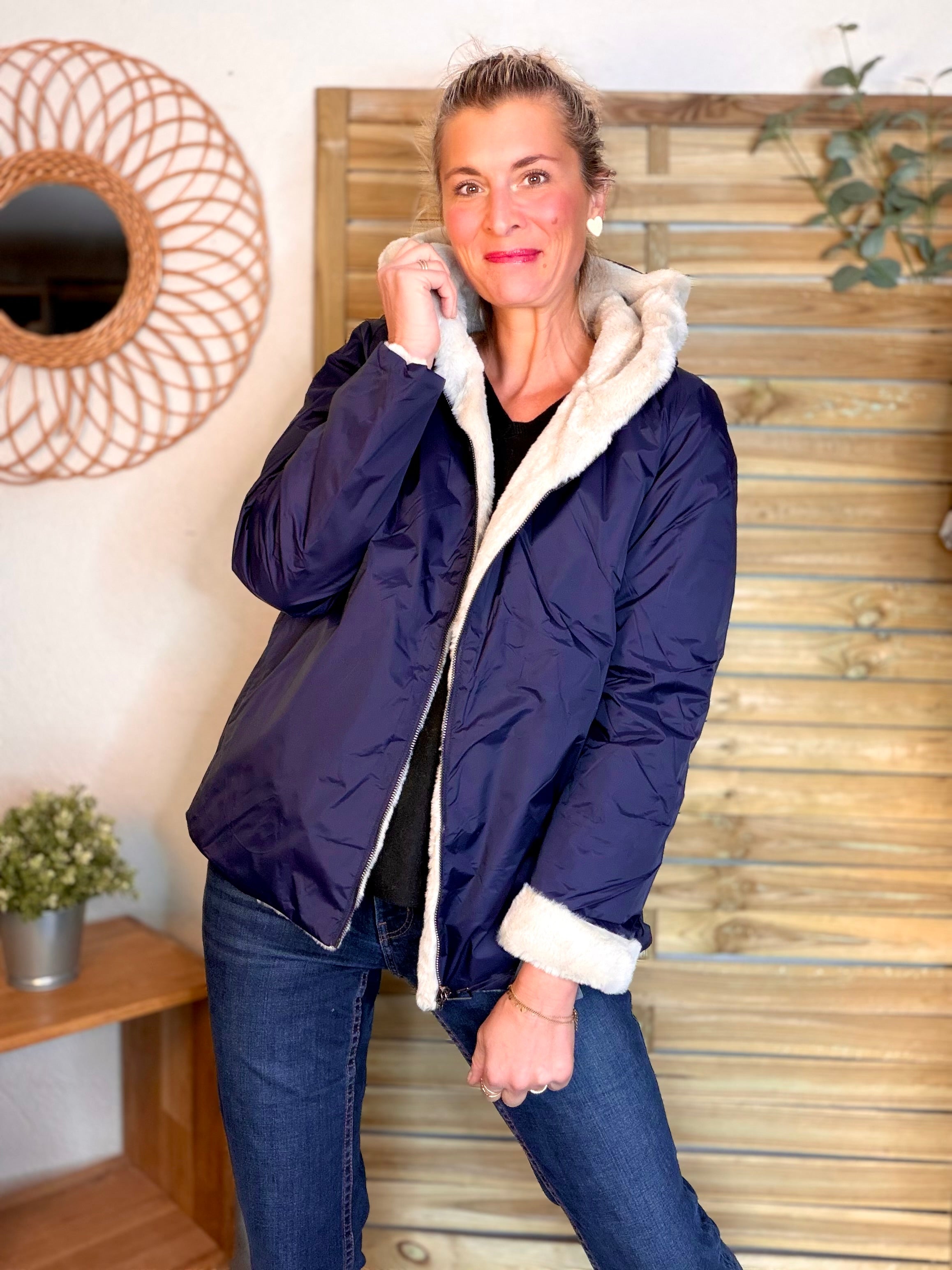 Parka Imperméable réversible fourrée Marine / Beige ALIX Court - LAURA JO