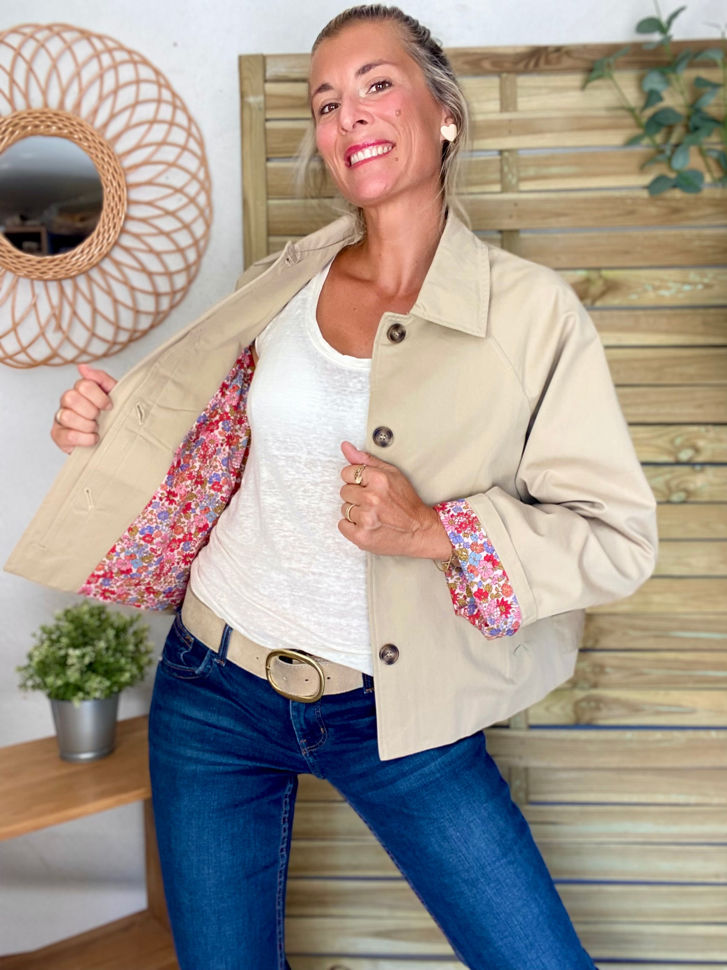 Veste Trench en coton beige avec Liberty - MAHAUT