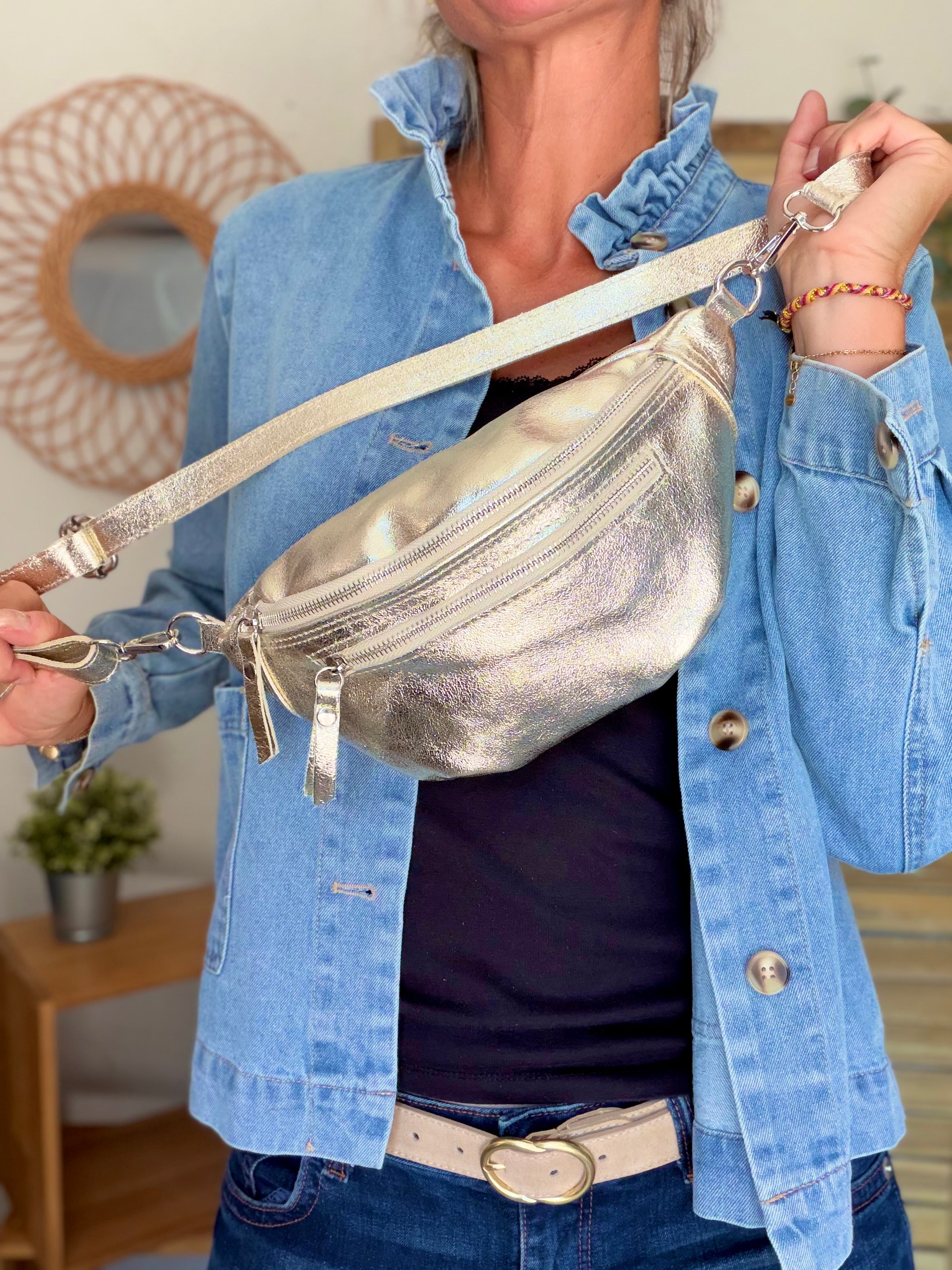 Sac banane en cuir irisé double poche - OPALE - Doré / argent