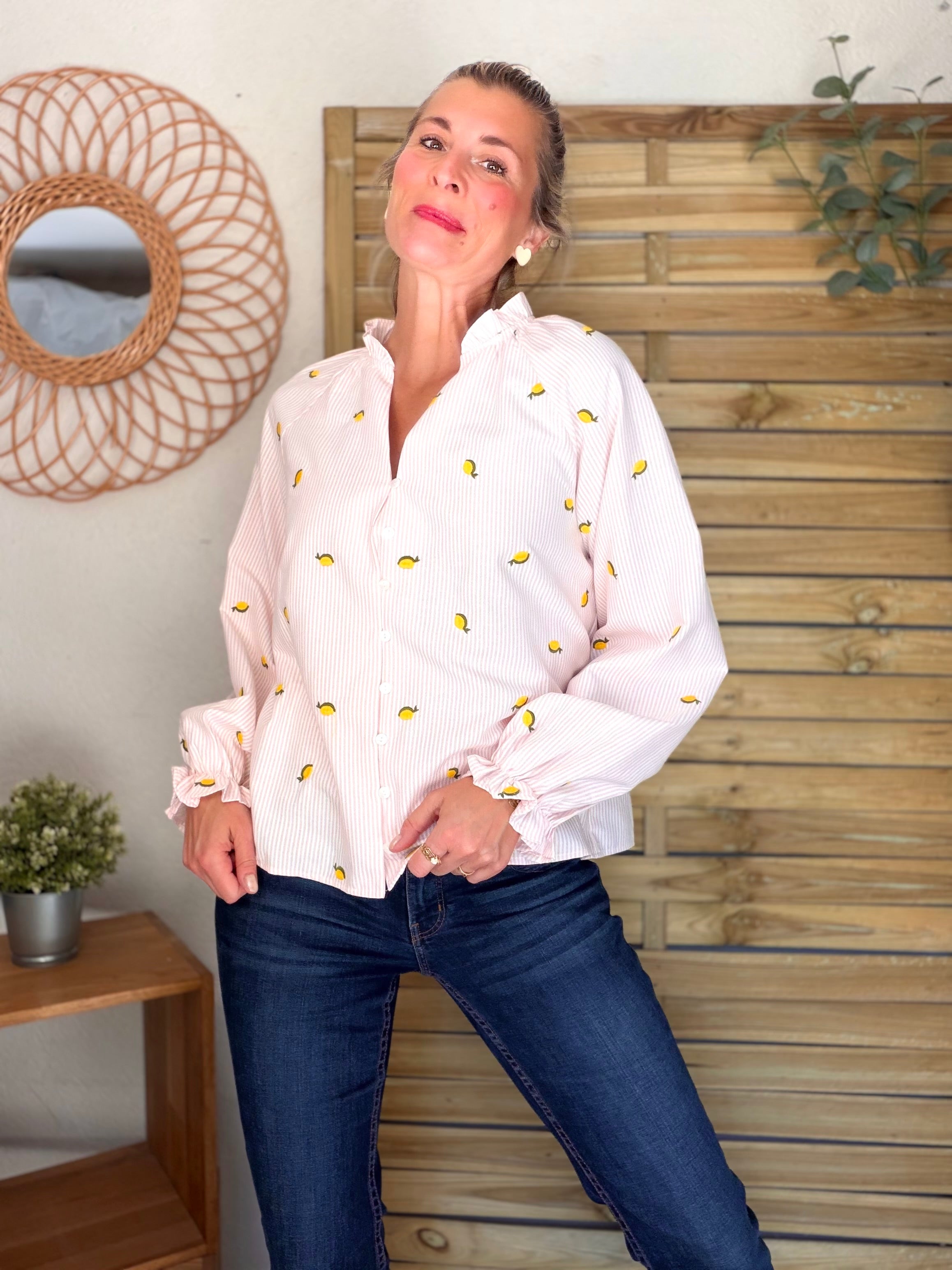 Blouse rayée rose avec citrons brodés 🍋 NICOLE