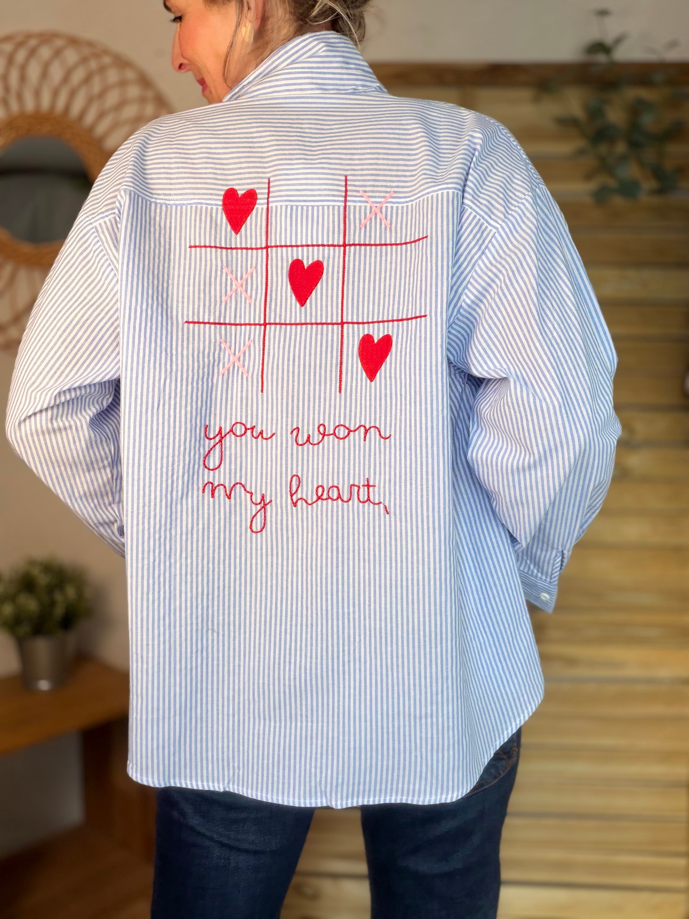 Chemise bleue rayée brodée YOU WON MY HEART ❤️ MAUREEN