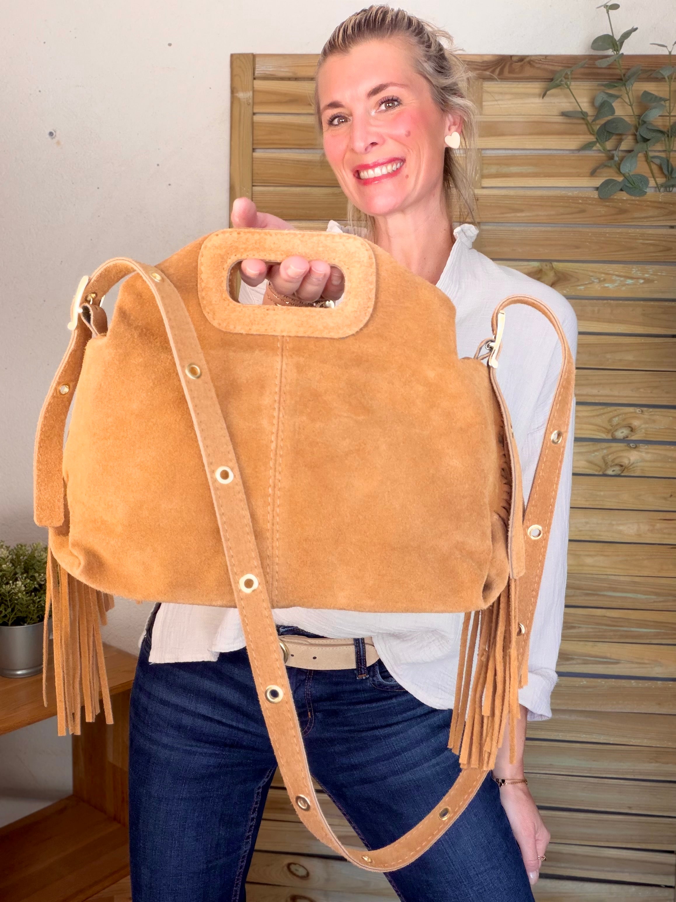 Sac en cuir daim avec franges LOGAN - Camel