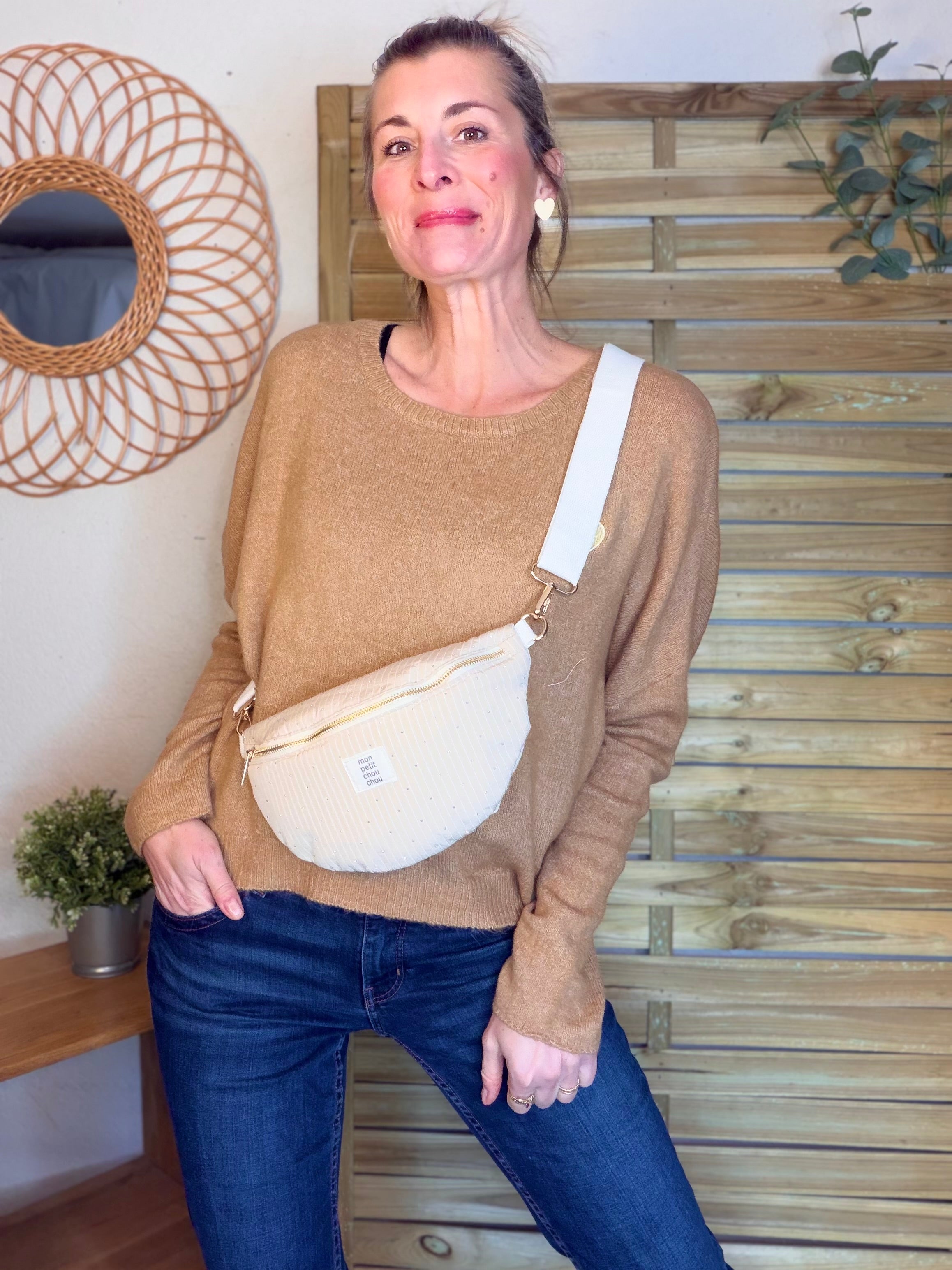 Sac banane avec strass BONNIE - Rayée beige