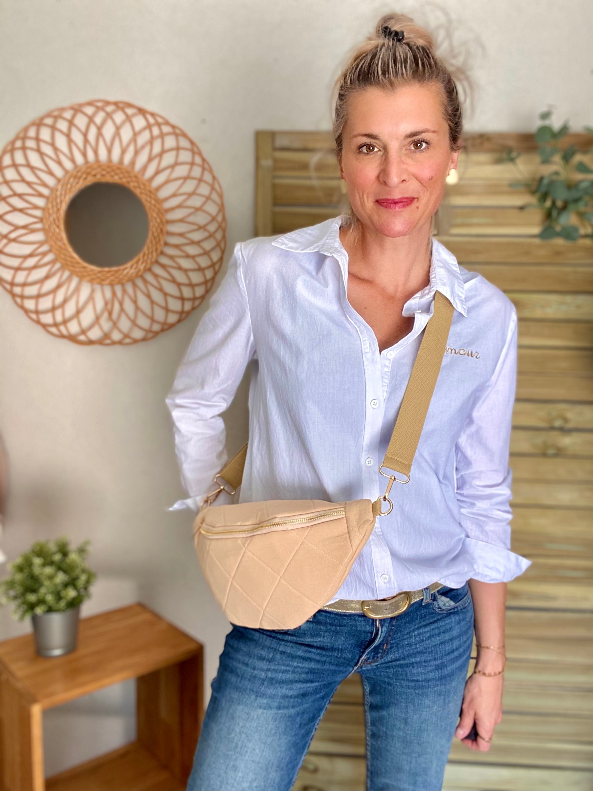 Sac banane XL gaze de coton surpiquée Ciao Boum - CARLY - Beige - FIN DE SÉRIE