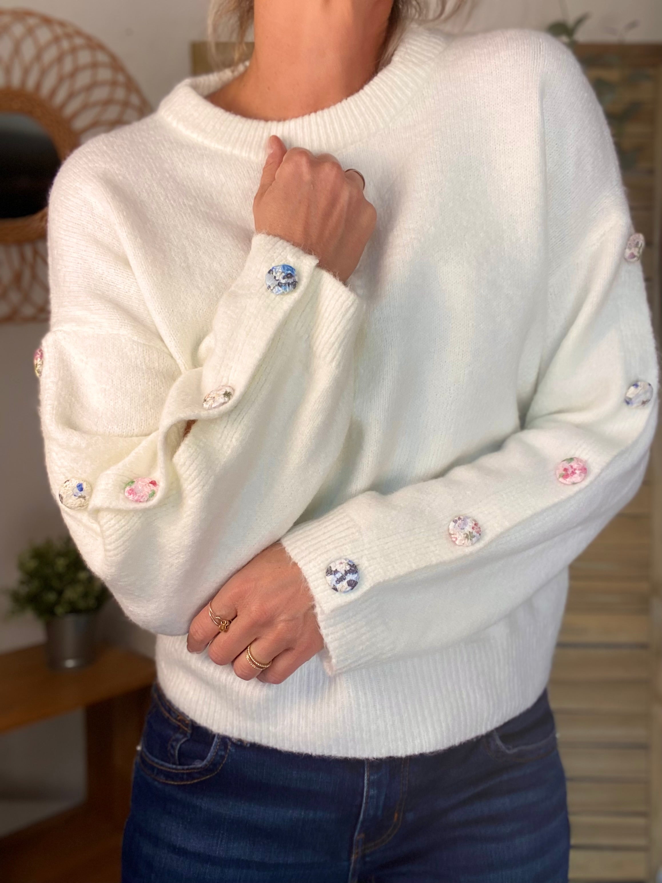 ⚡️ PÉPITES FRIDAY - Pull boutons tissu fleuri - Blanc - HAZEL
