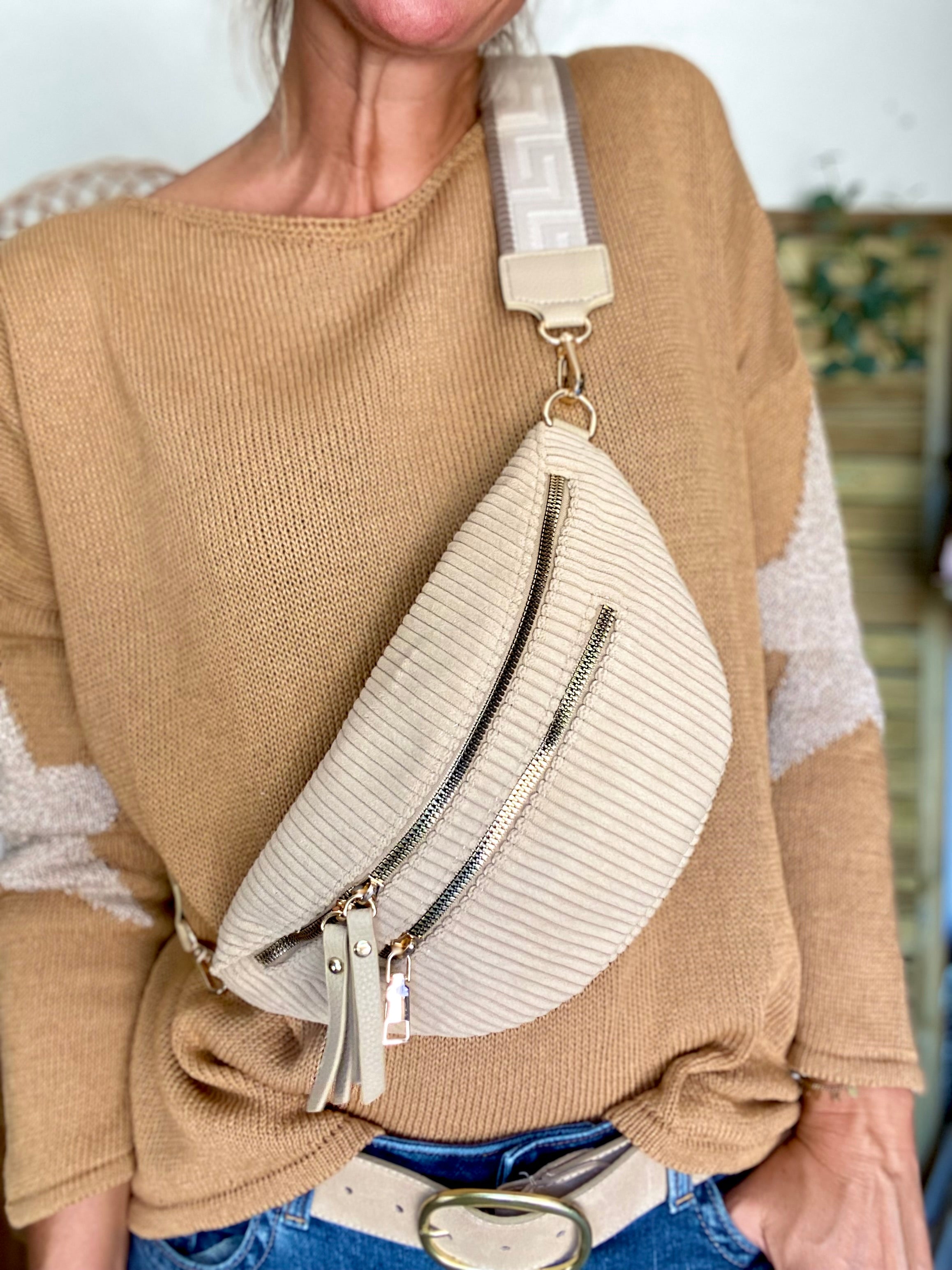 Sac banane en velours côtelé 2 zips et sangle fantaisie - CHARLY - Beige moyen