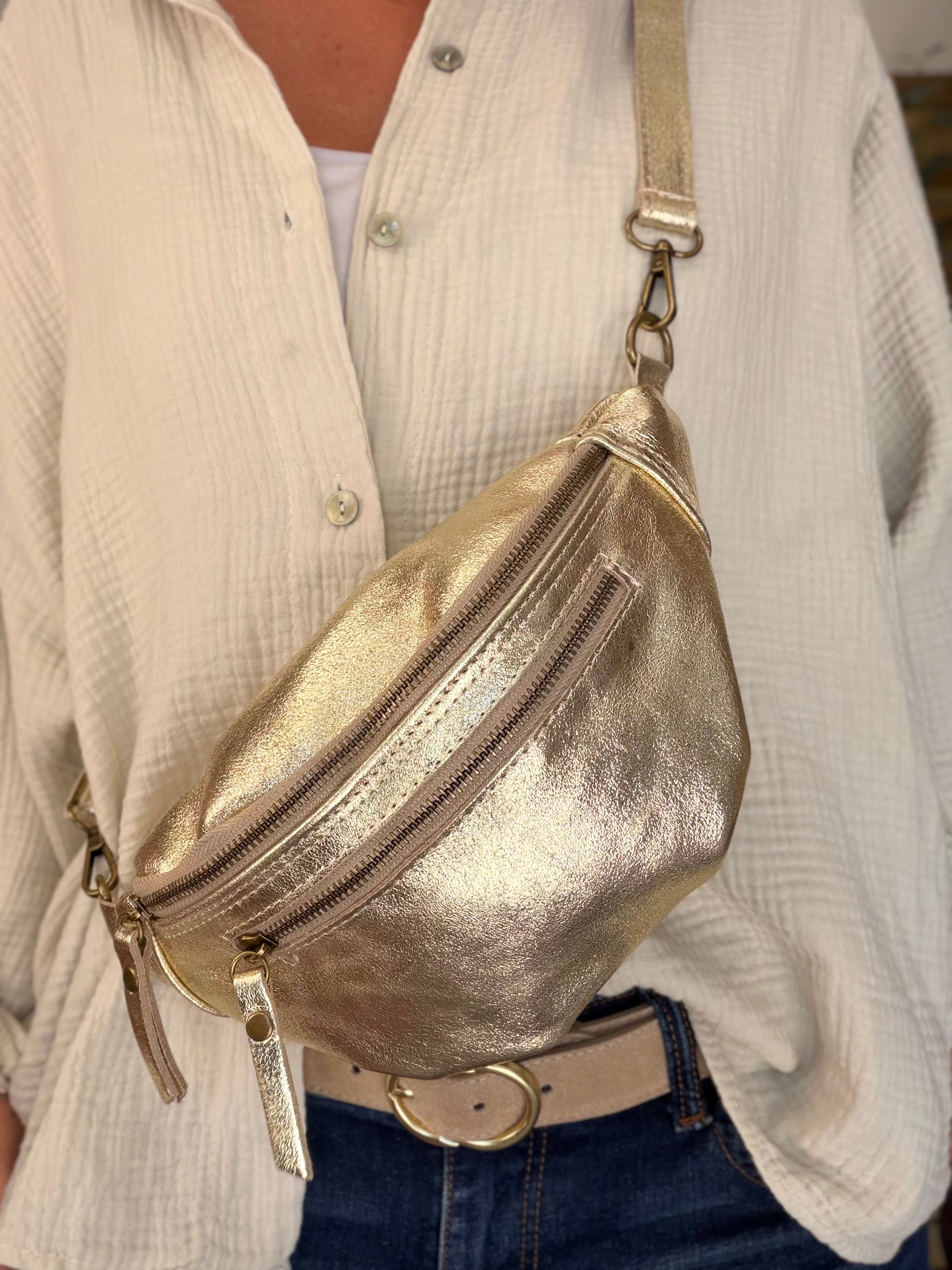 Sac banane en cuir irisé double poche - OPALE - Doré / Étain