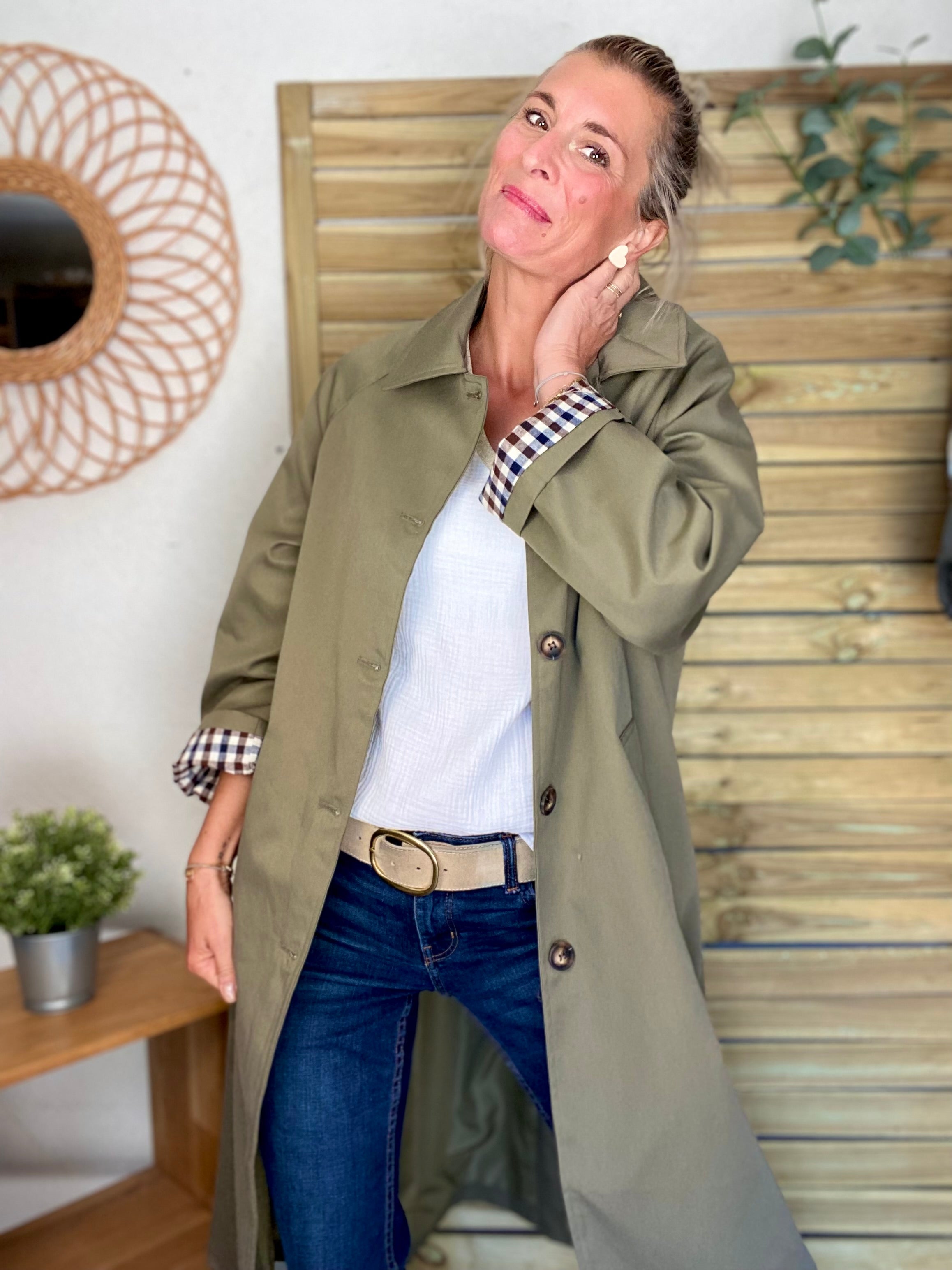 Veste Trench en coton avec vichy - YSEULT long Kaki