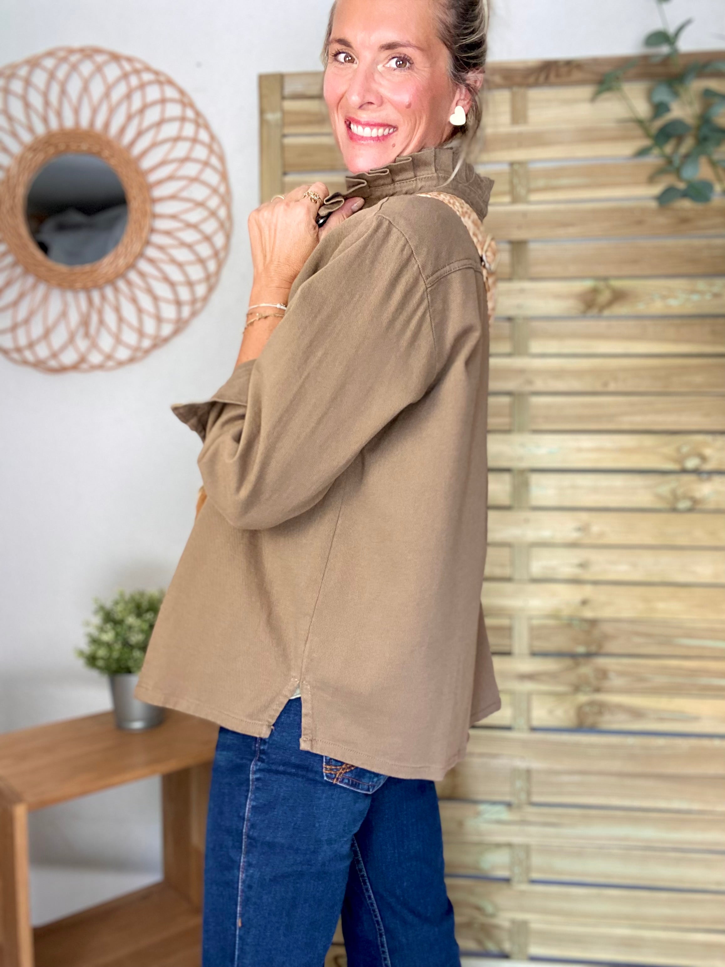 Veste / Chemise en coton, col volanté Camel foncé LISON