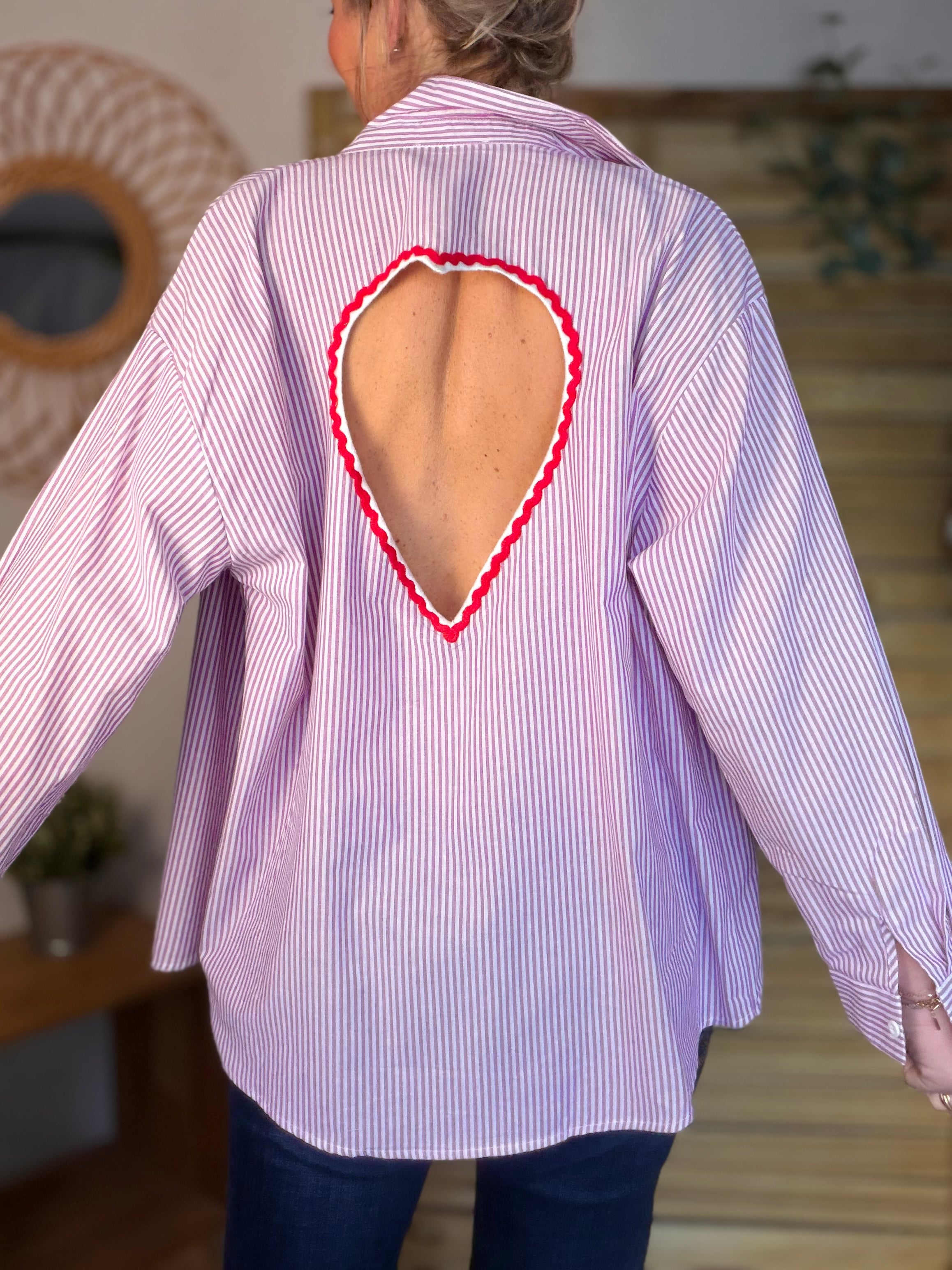 Chemise rayée rose cerise cœur ajouré dos ❤️ AMANDA