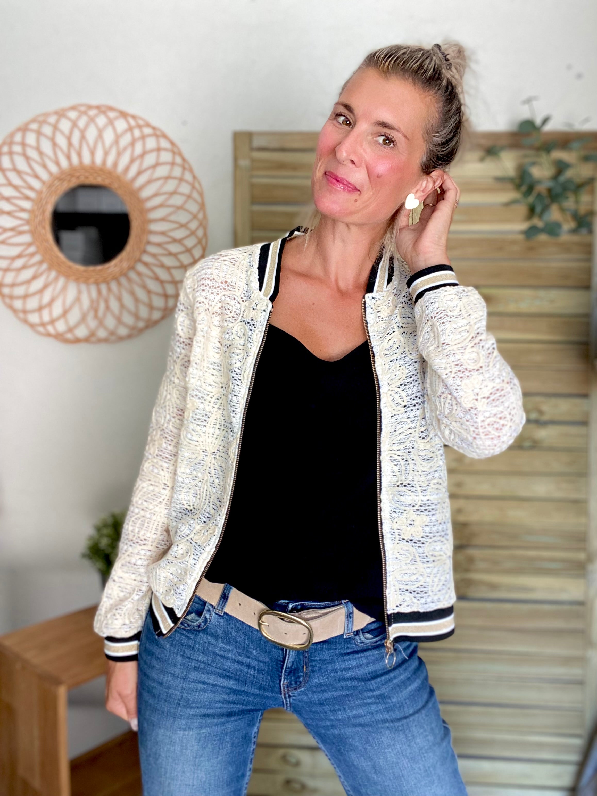 Veste bombers léger EMILY - crochet brodé écru - taille unique