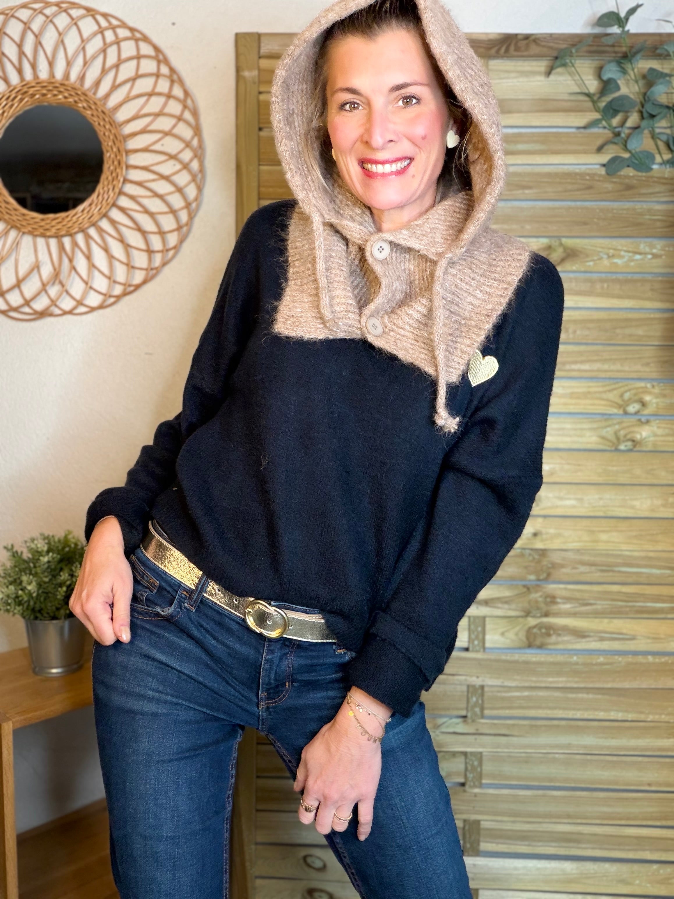 Col cagoule LORIE en maille avec bouton - Taupe