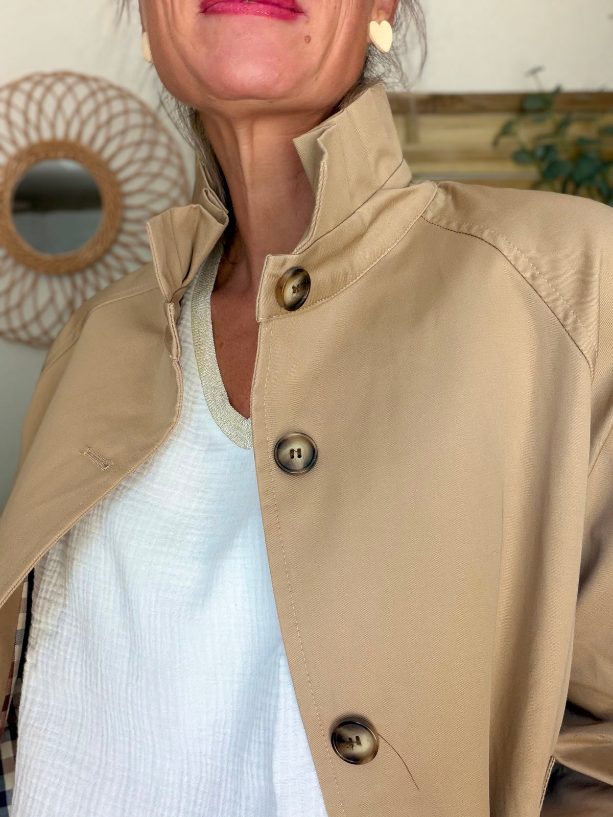 Veste Trench mi-long col victorien avec carreaux - ANDY Beige taupe