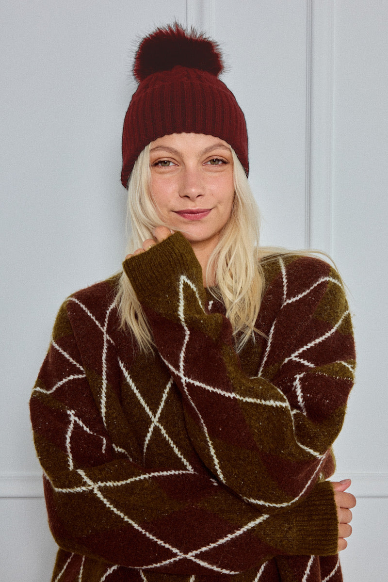 Bonnet torsadé en laine avec pompon JULES
