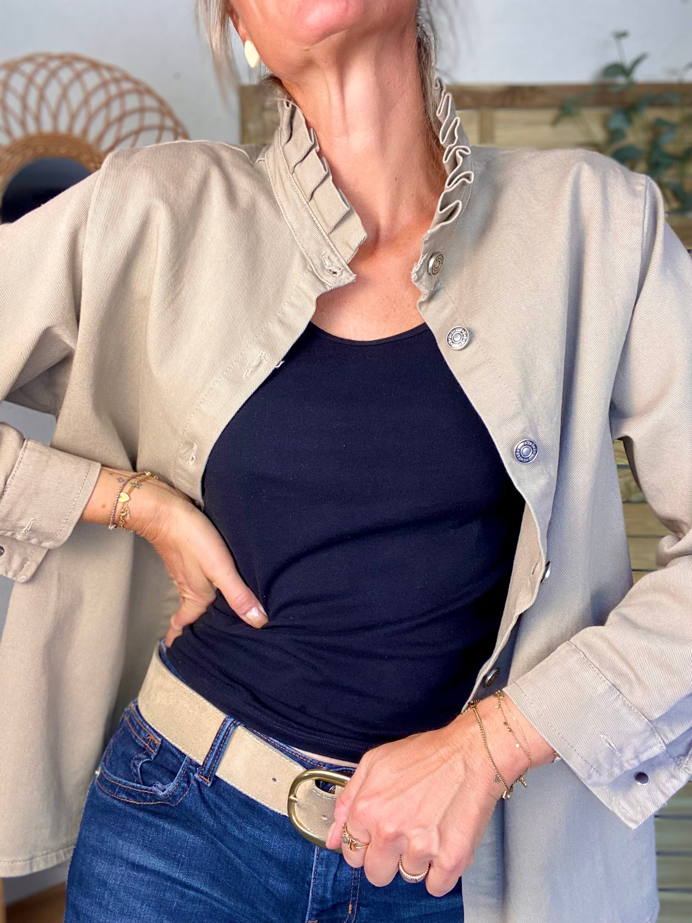Veste / Chemise en coton, col victorien volanté Beige taupe LISON