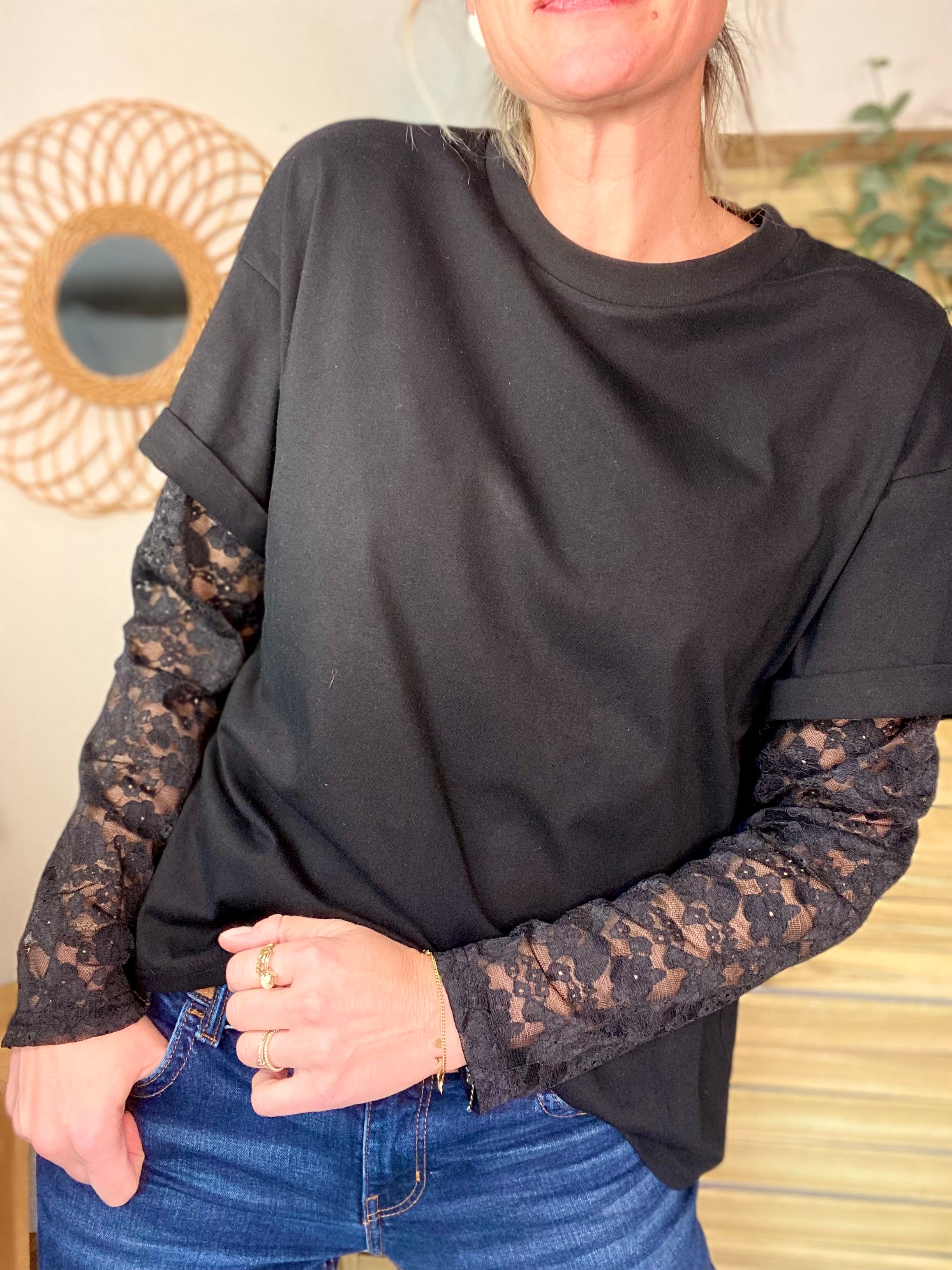 Tee shirt avec manches longues dentelle PAMELA - Noir