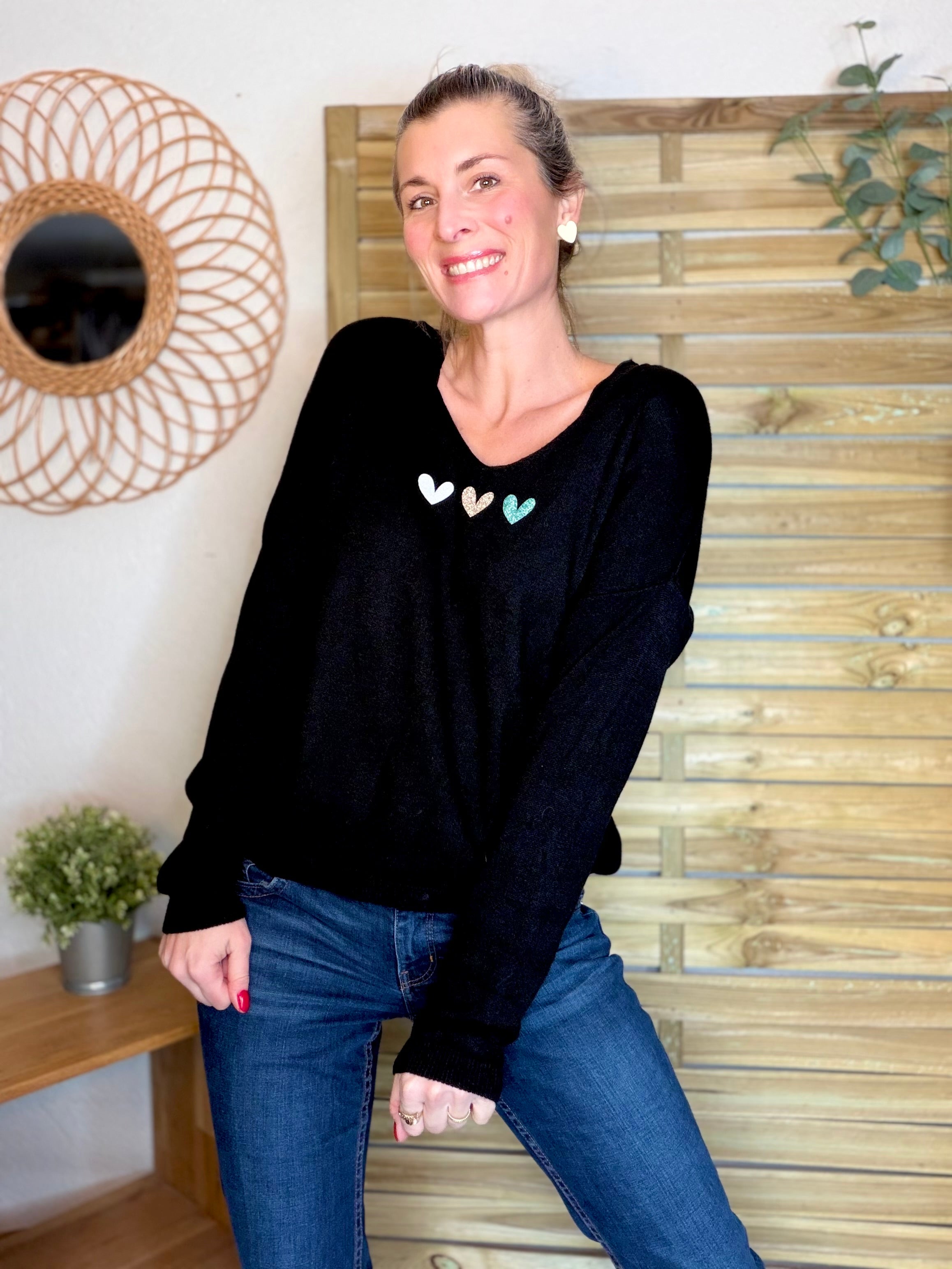 Pull fin 3 cœurs 💛 BERTILLE - Noir