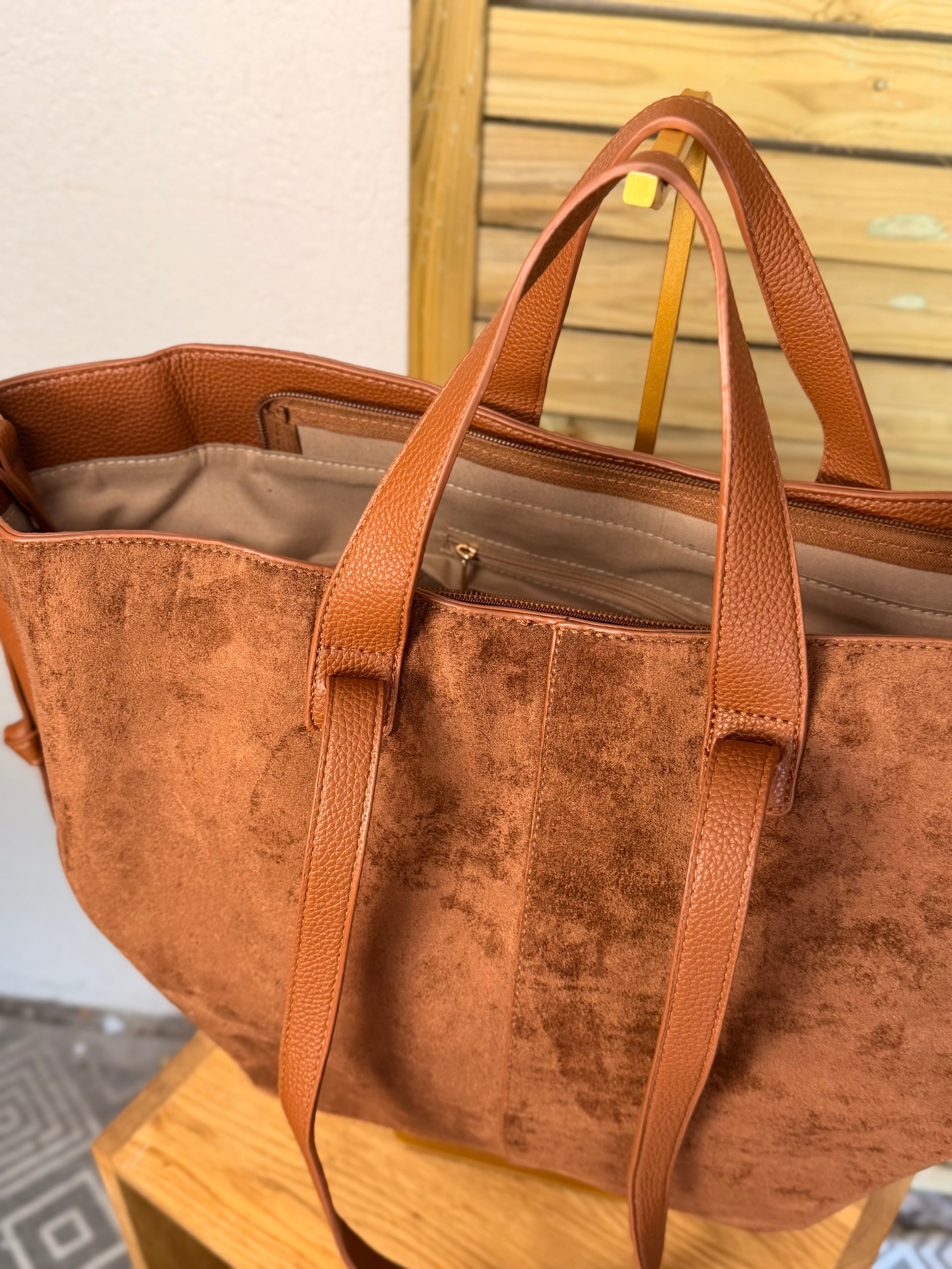 Grand Sac cabas 2 en 1 en simili daim - LAURÈNE Camel