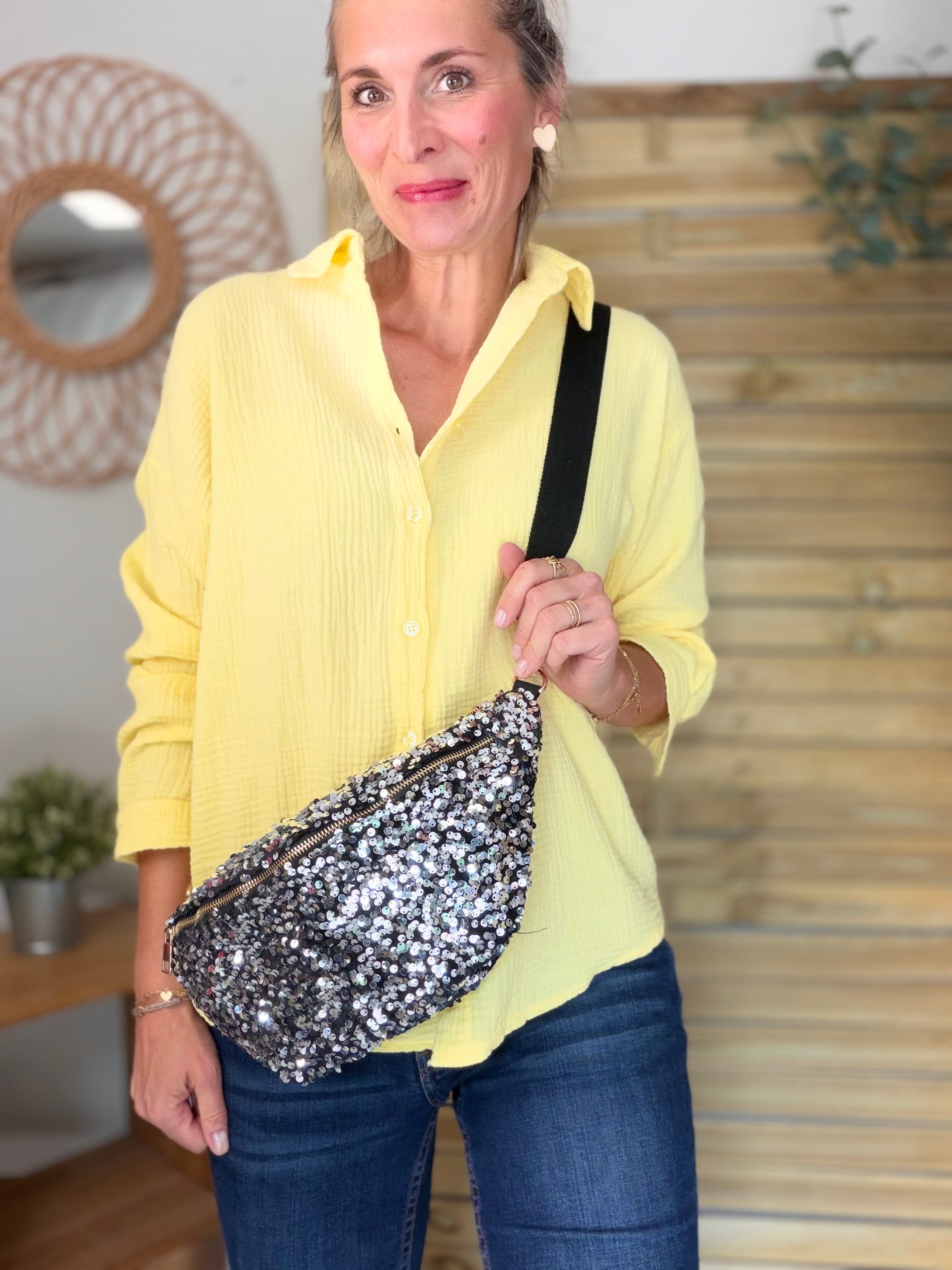 Sac banane L velours à sequins Ciao Boum- TAYLOR - Noir / Argent
