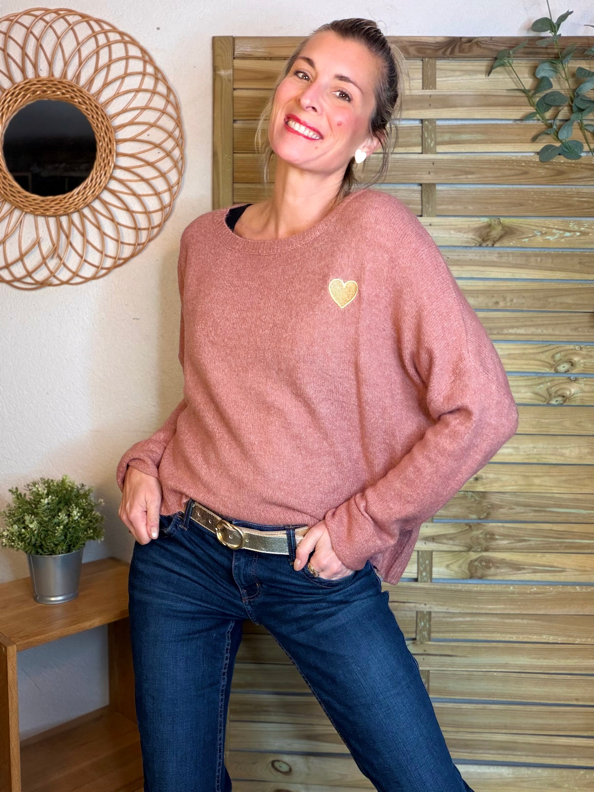 Pull léger en maille cœur doré brodé 💛 MELISSA - Vieux rose