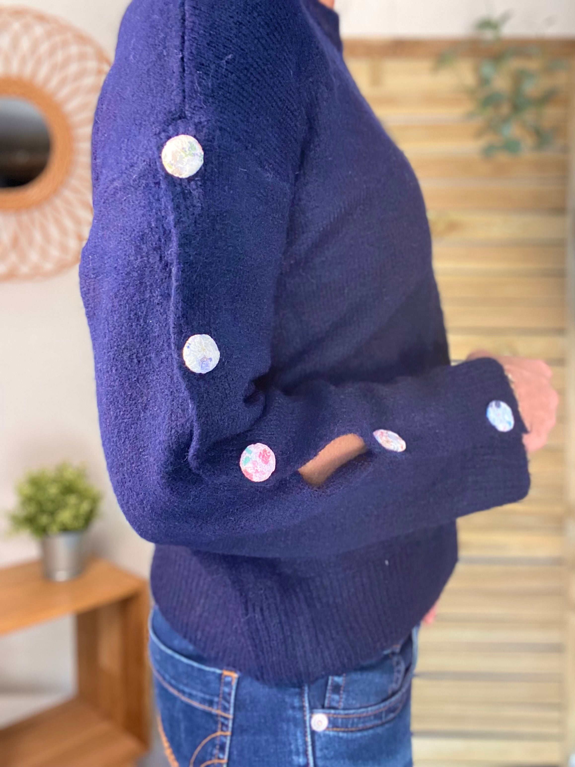 ⚡️ PÉPITES FRIDAY - Pull boutons tissu fleuri - Bleu marine - HAZEL