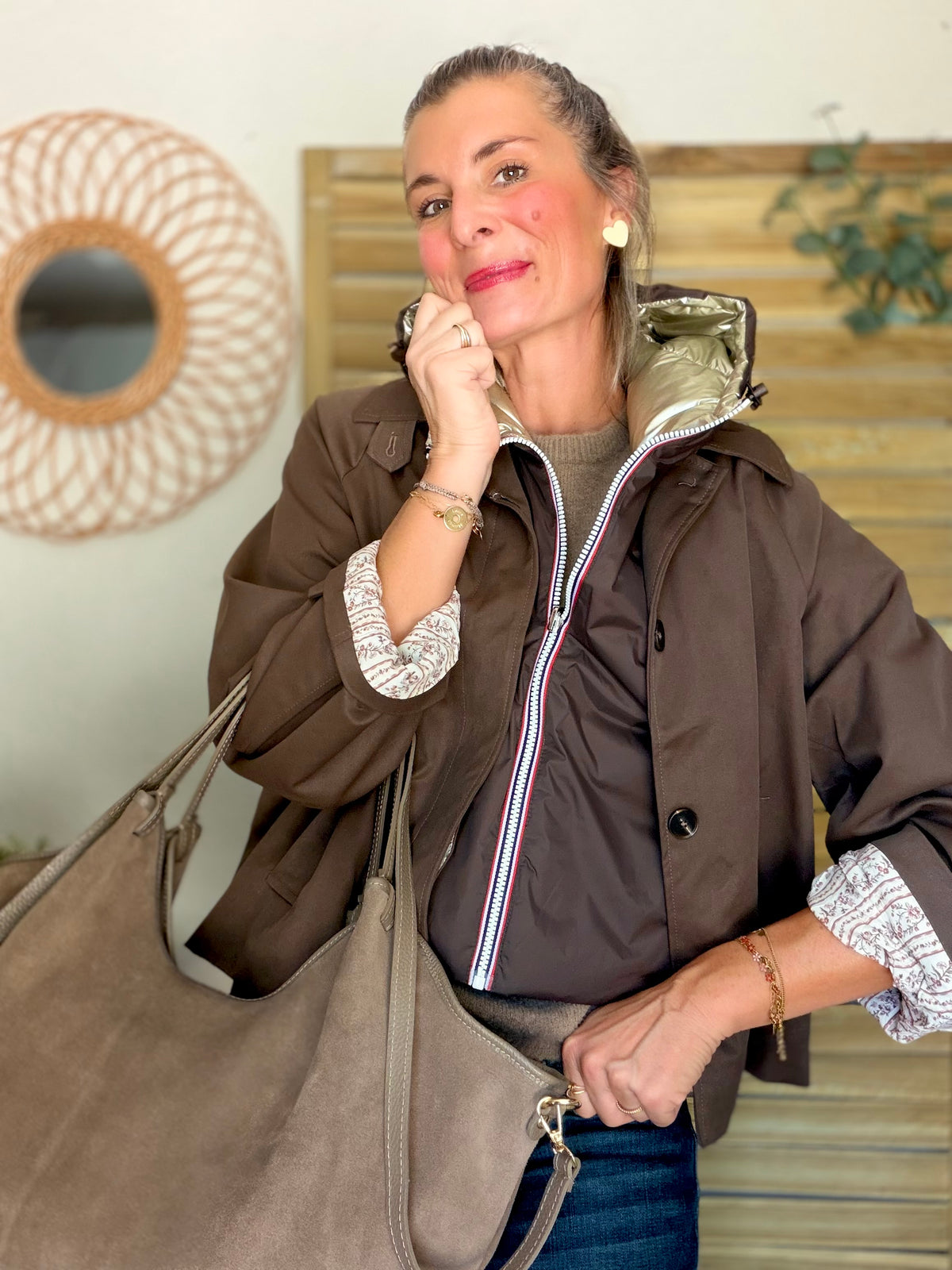 LAURA JO - Col capuche amovible réversible  DANY - Choco / Doré