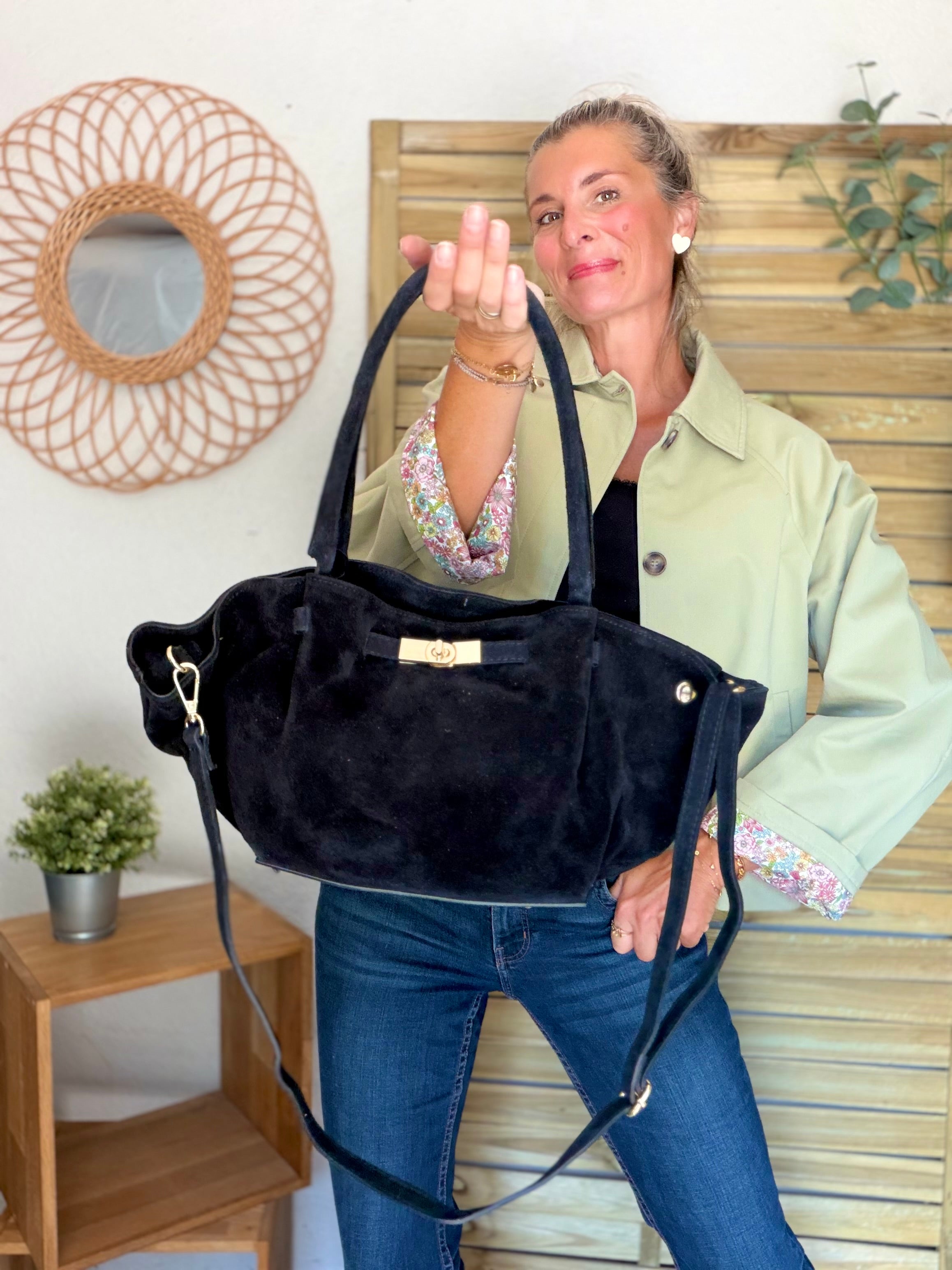 Sac cabas en cuir daim HANA - Noir