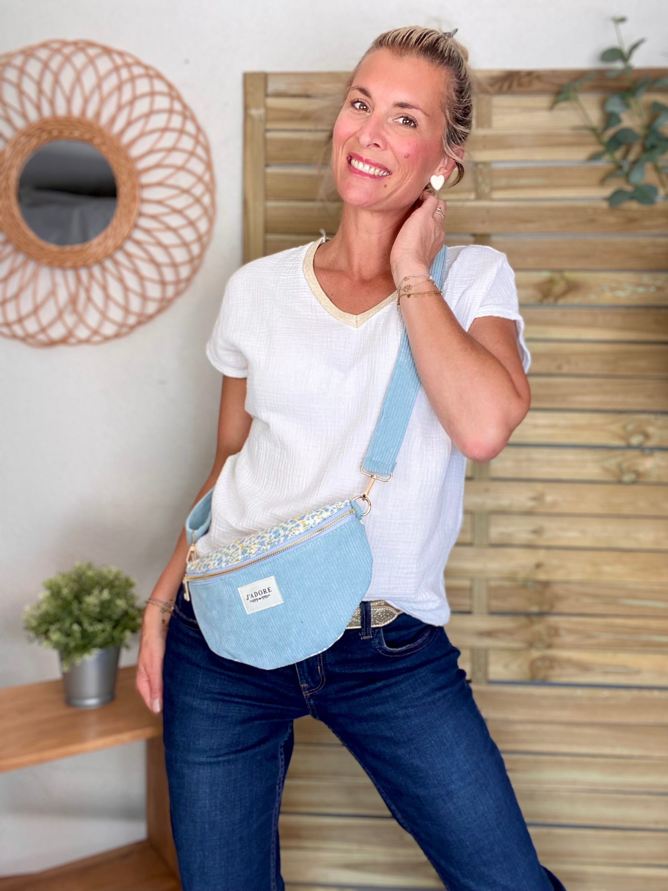 Sac banane «J’adore» Velours et Liberty - LESLIE - Bleu