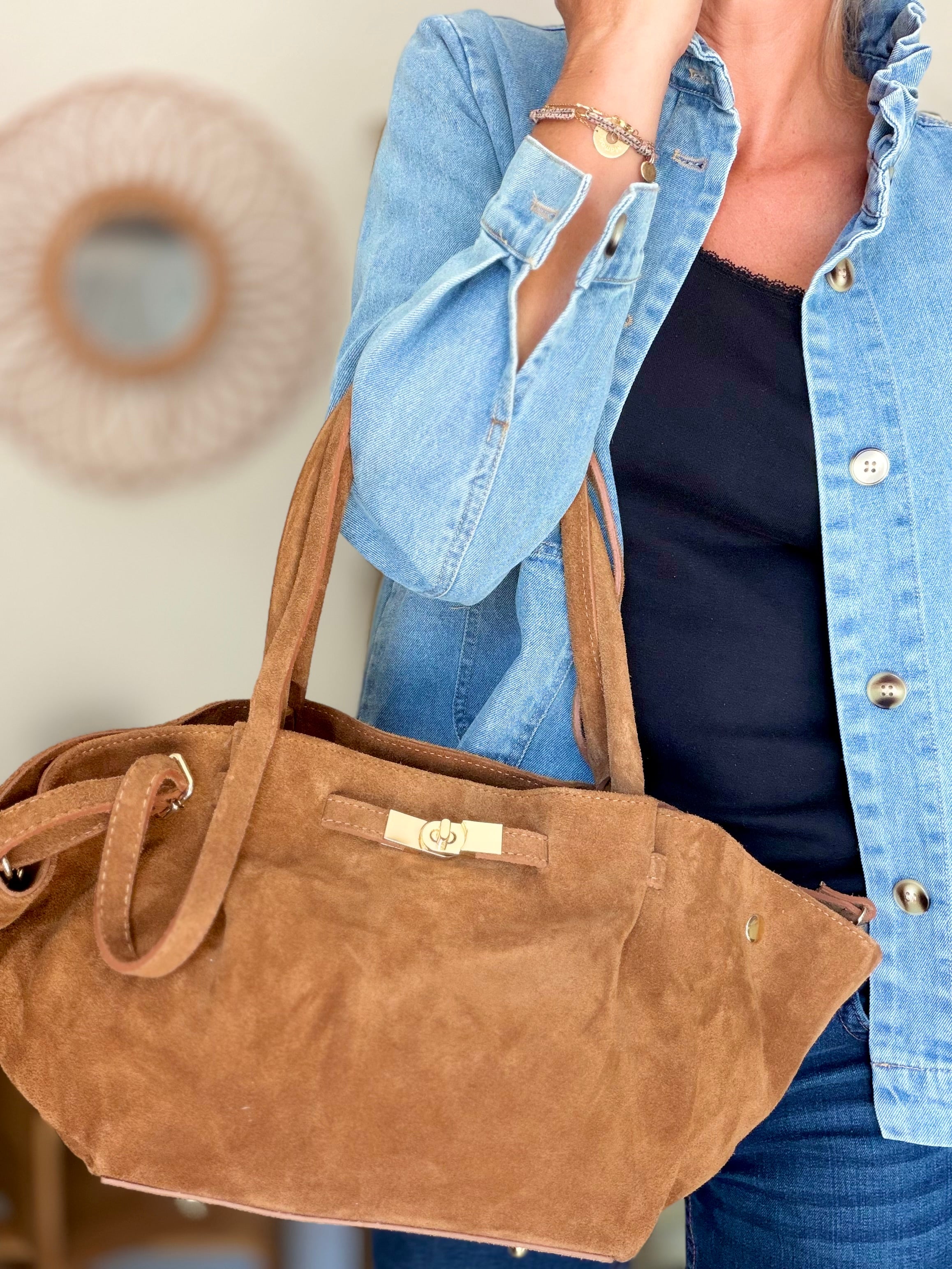 Sac cabas en cuir daim HANA - Camel
