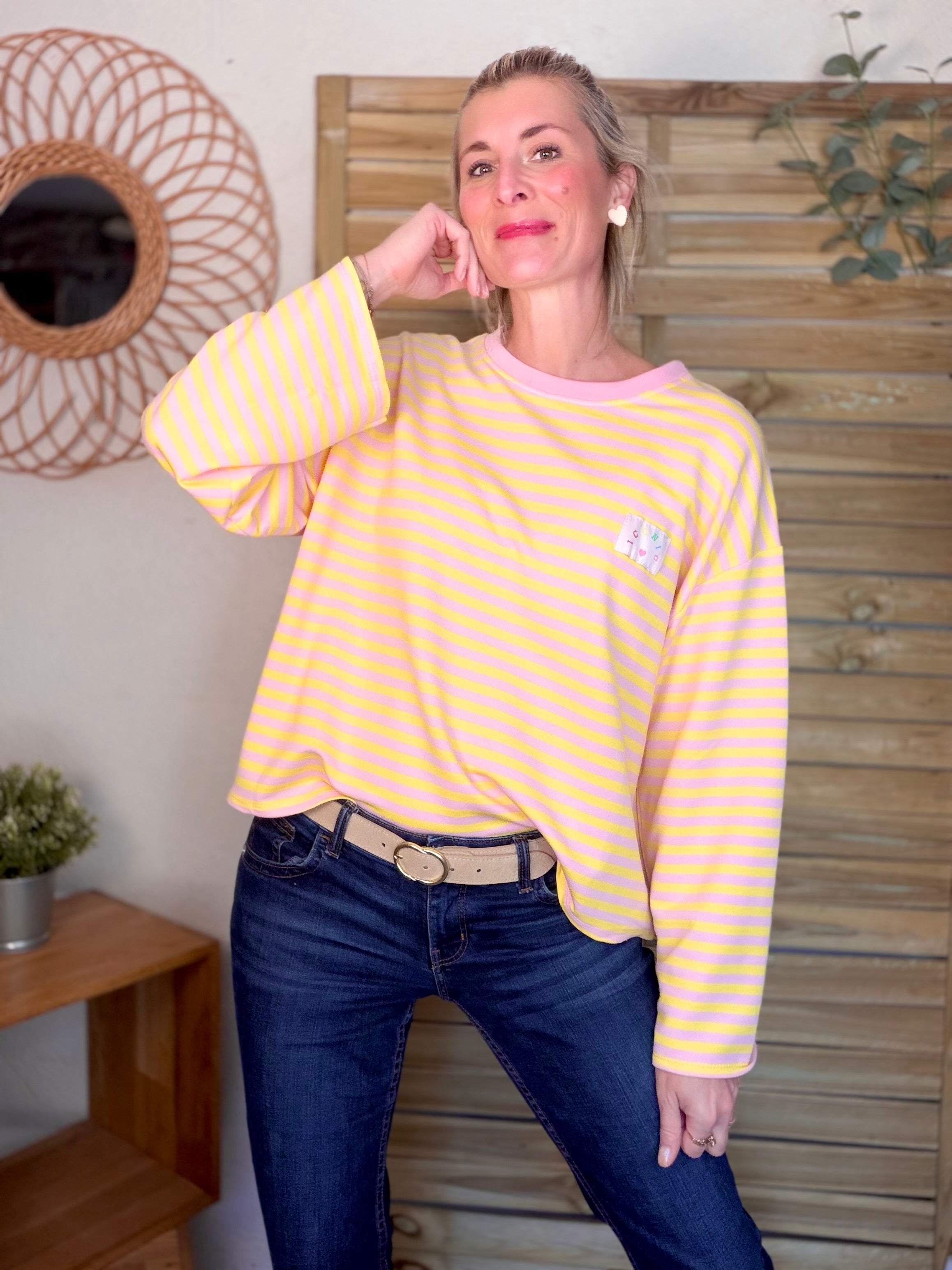 Sweat fin rayé ample Iconic CORALIE - Rose / Jaune