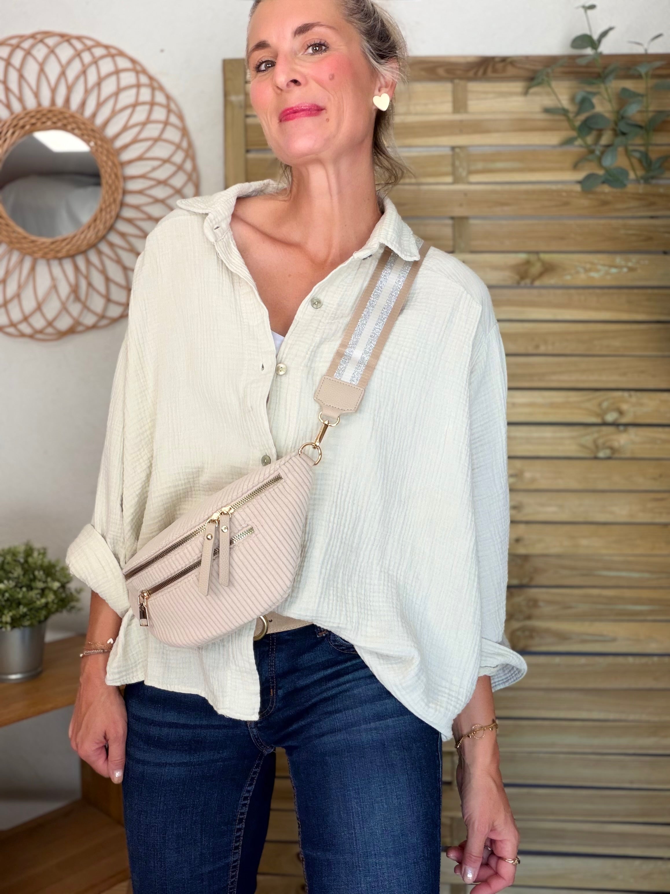 Sac banane en velours côtelé 2 zips et sangle fantaisie - CHARLY Beige clair