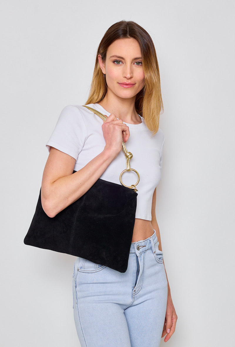 ⚡️PÉPITES FRIDAY - Sac en cuir daim 2 bandoulières (or et noir) - Noir - PACEY