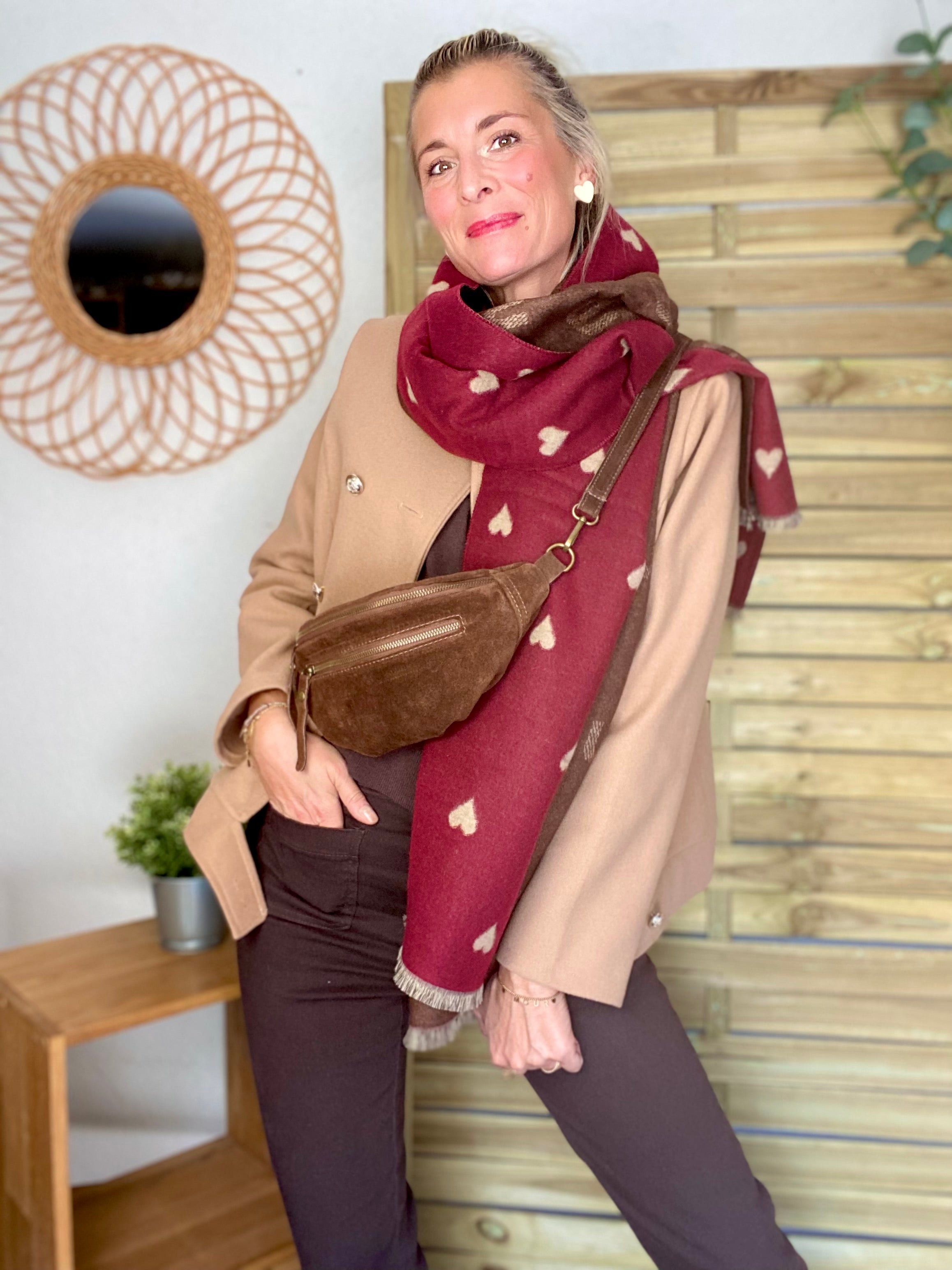 Sac banane double poche en cuir daim - OPALINE - Café