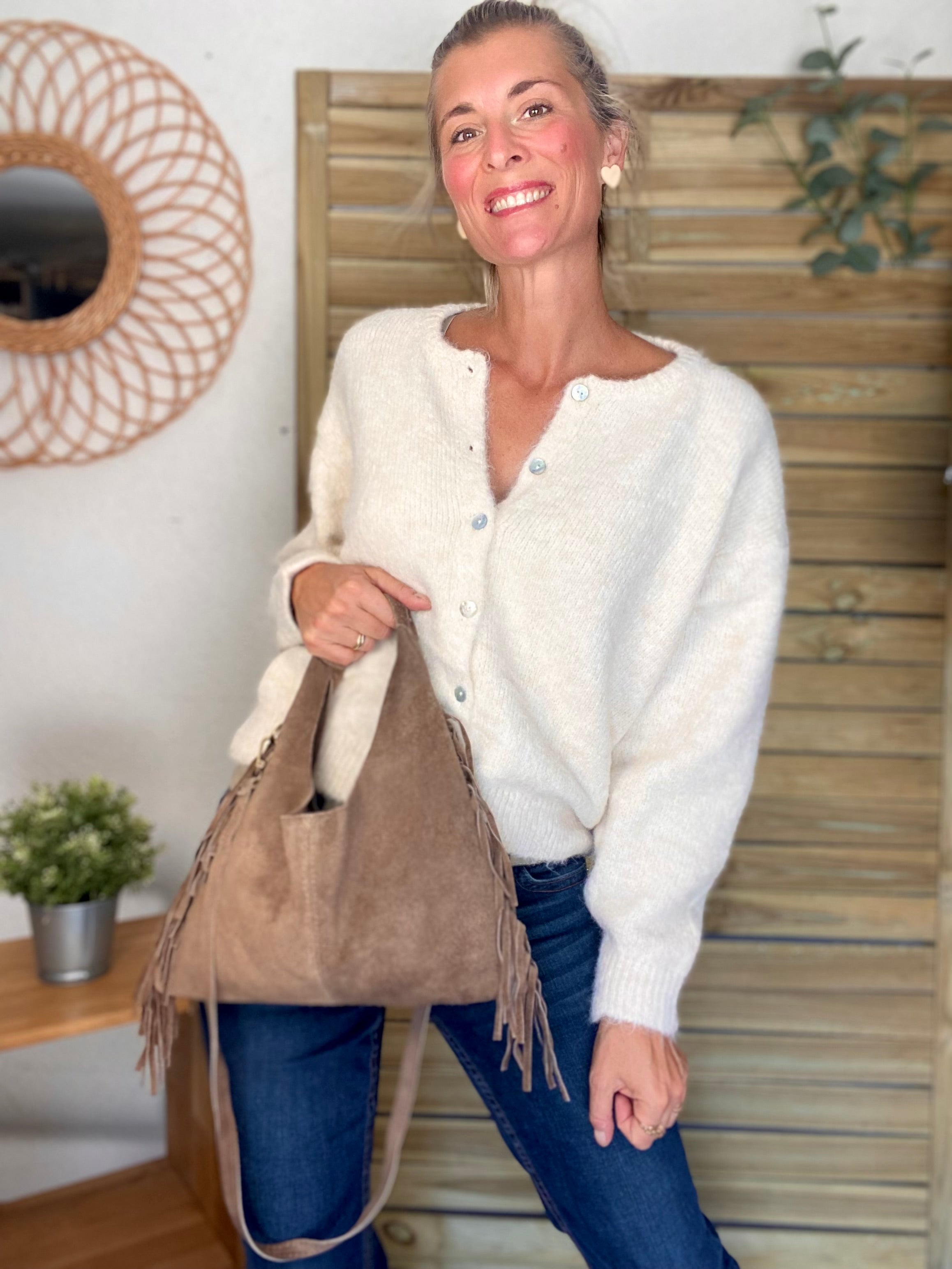 Sac en cuir daim avec franges AARON - Beige taupe