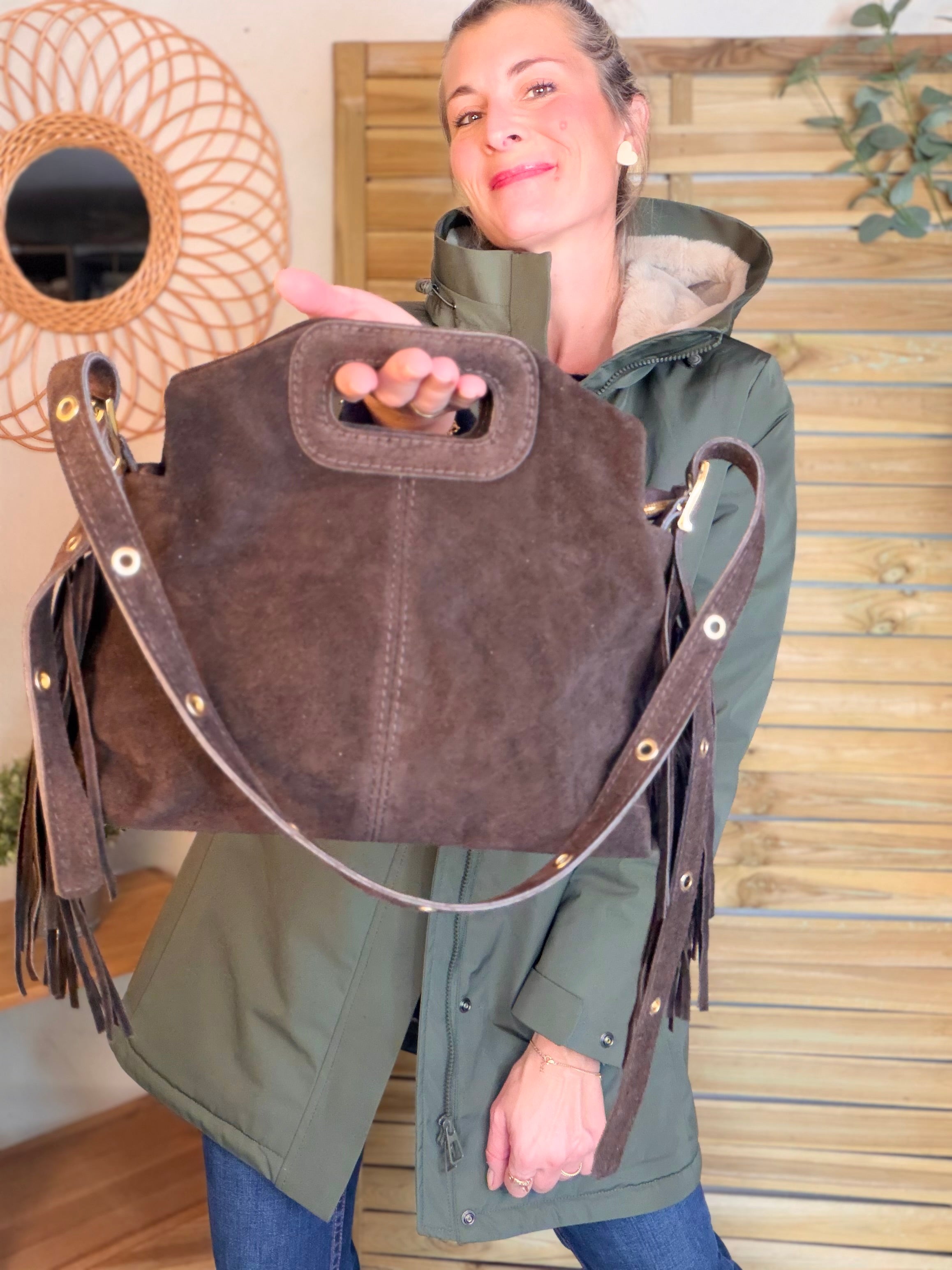 Sac en cuir daim avec franges LOGAN - Chocolat