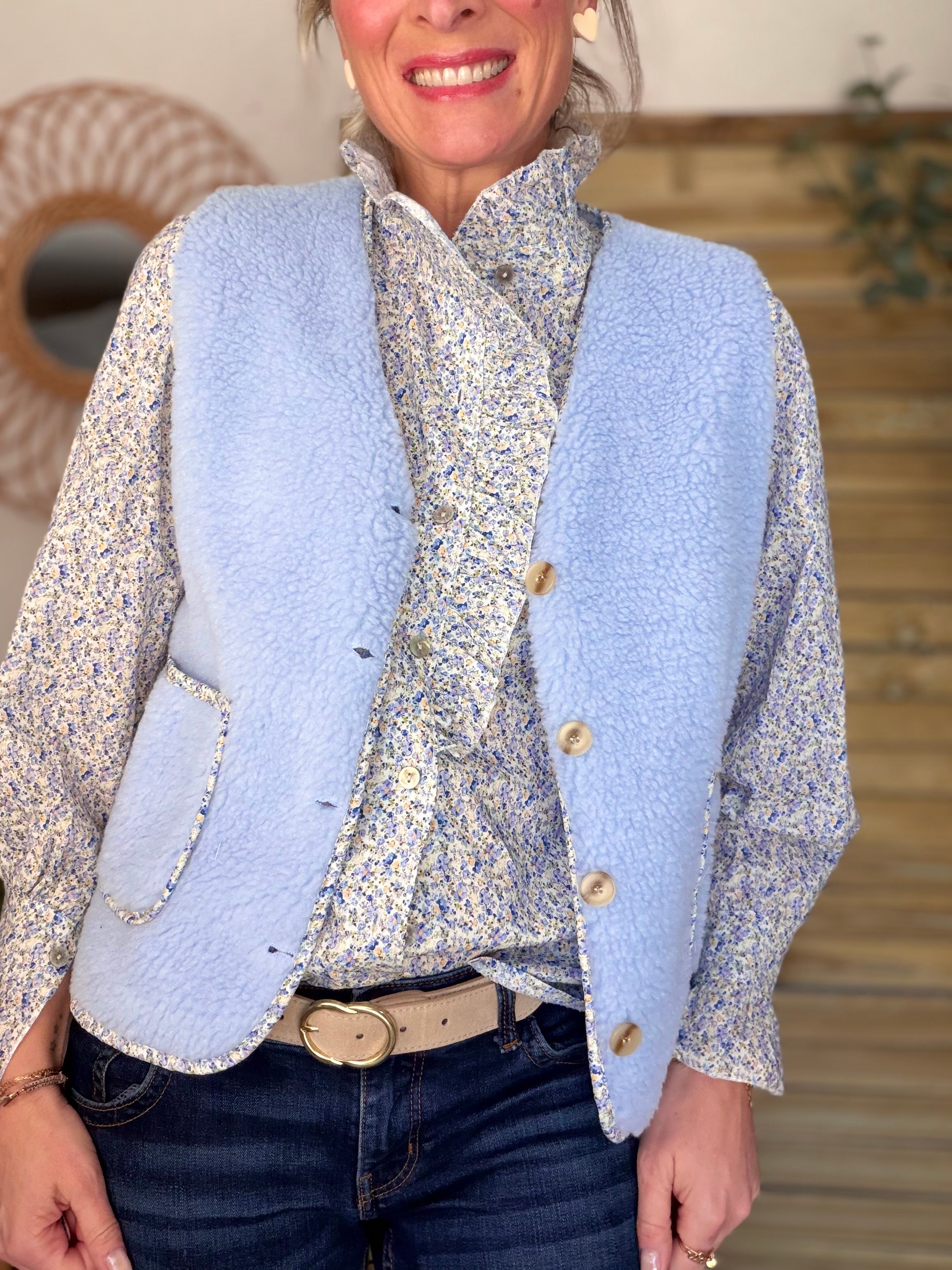 Gilet moumoute sans manche Liberty MARTHE Bleu ciel