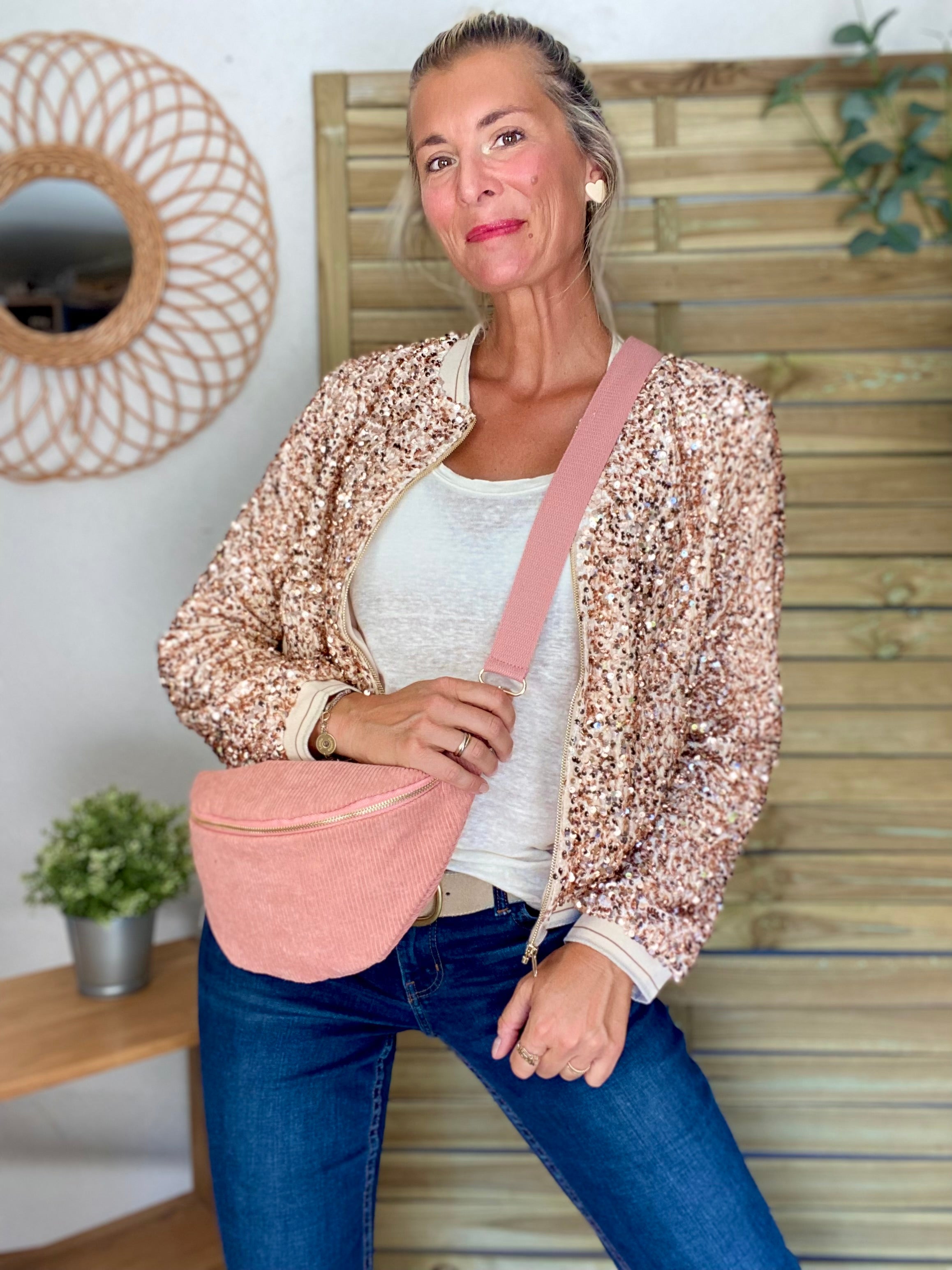 Veste bombers beige avec sequins Rose Gold KIM