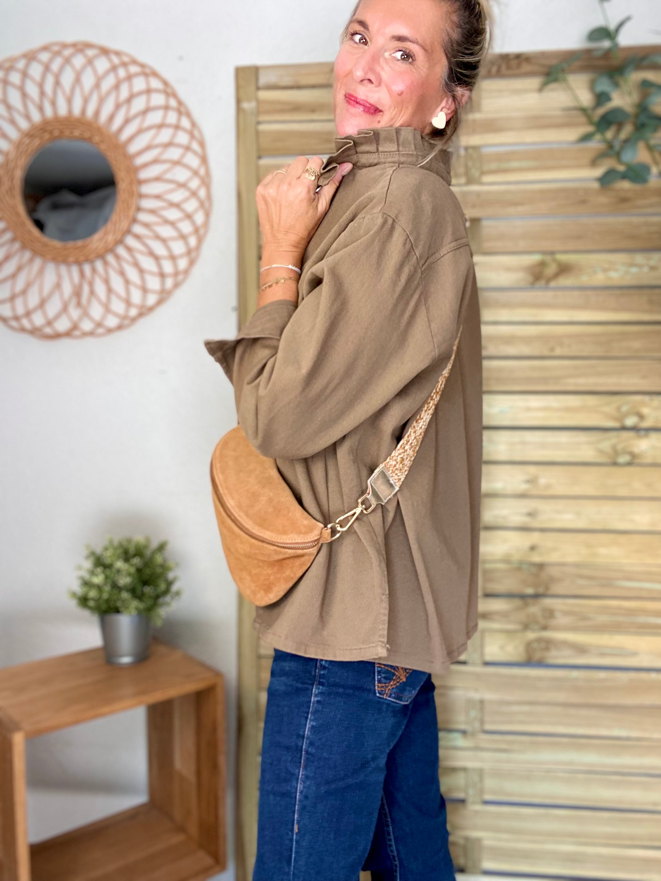 Veste / Chemise en coton, col volanté Camel foncé LISON