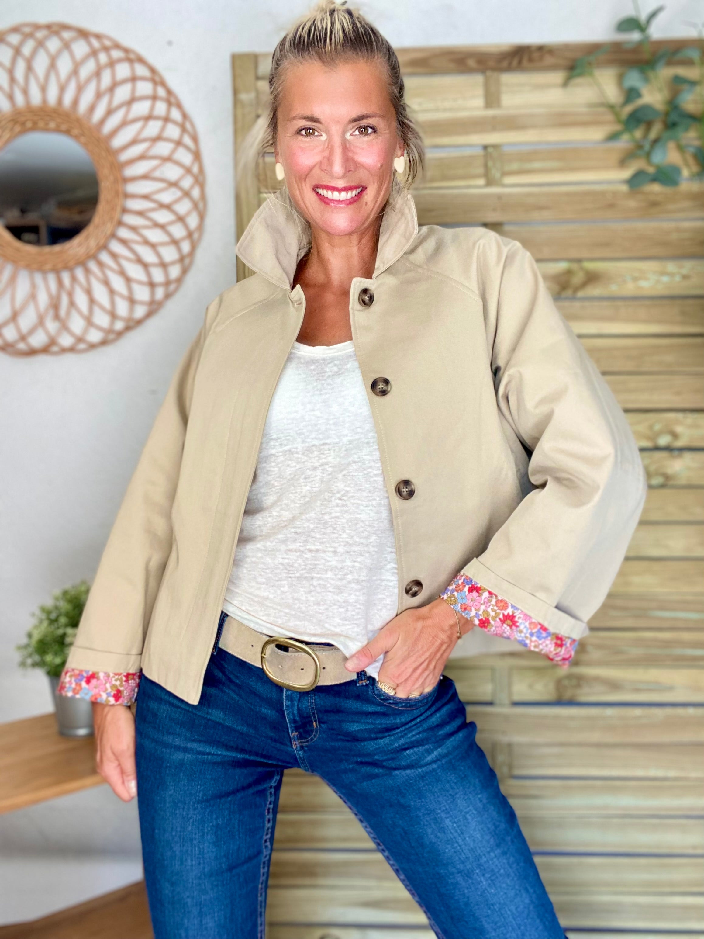 Veste Trench en coton beige avec Liberty - MAHAUT