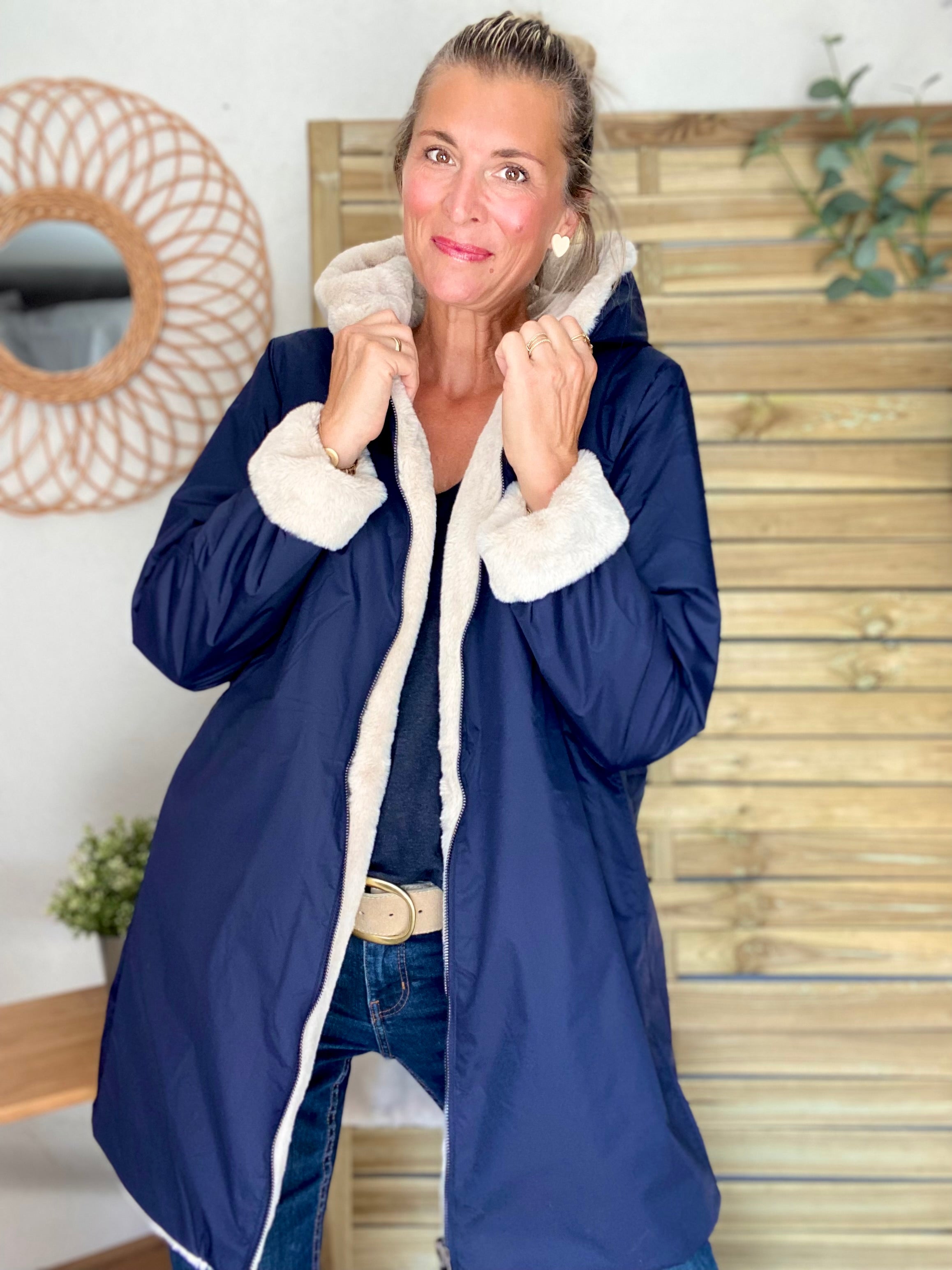 Parka Imperméable réversible fourrée Bleu marine / Beige ALIX - LAURA JO