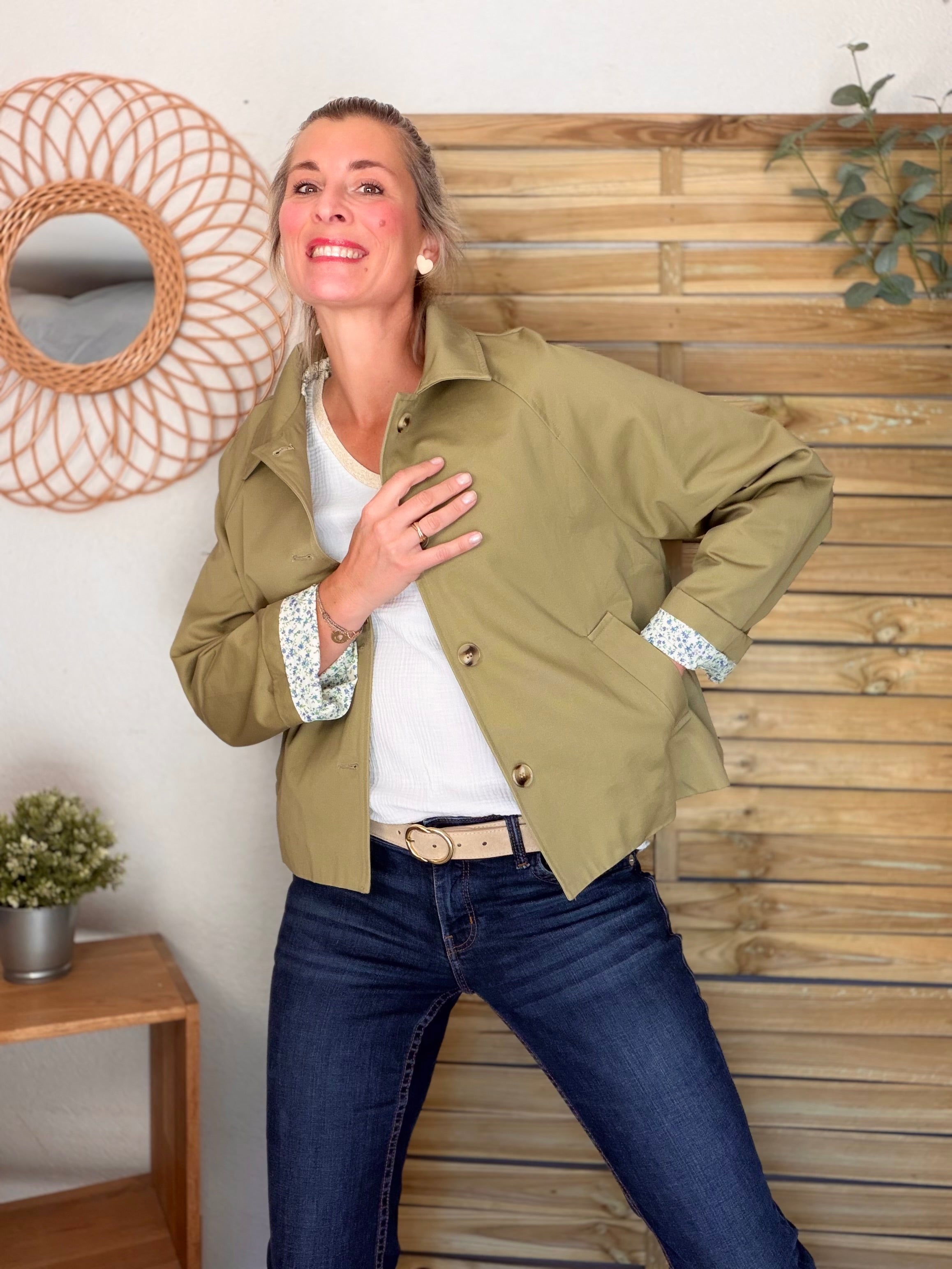 Veste Trench en coton avec Liberty - JOHAN Kaki clair