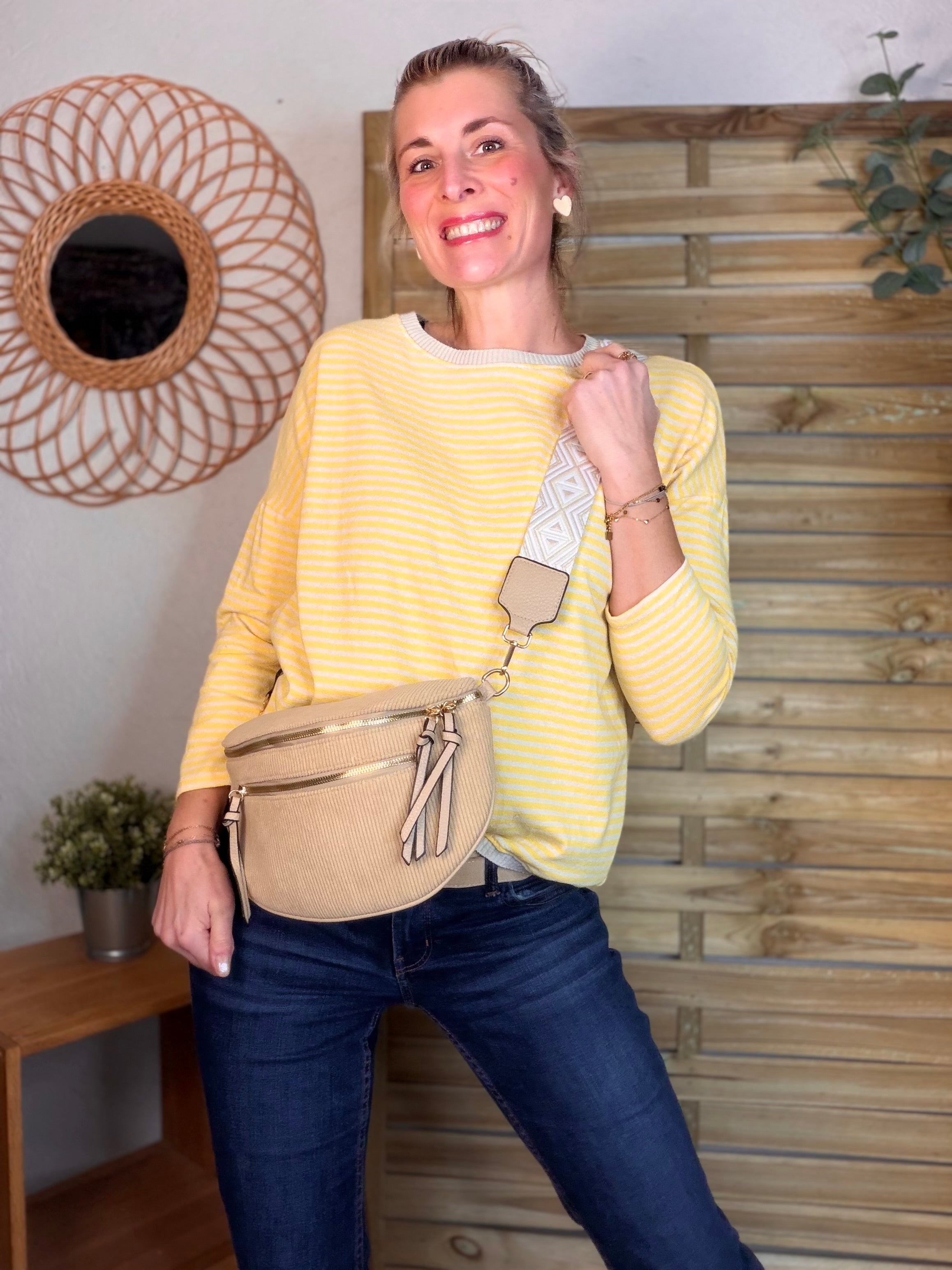 Sac banane en velours côtelé, sangle fantaisie - KATY - Camel clair